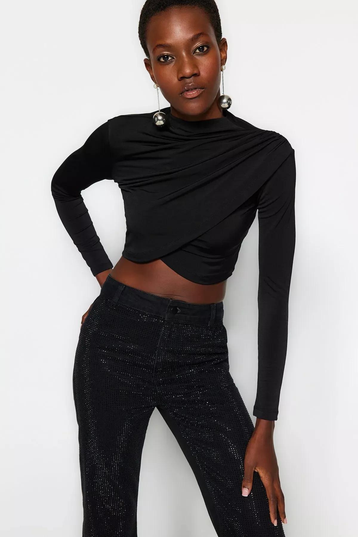 Black Stand-Up Collar Crop Blouse, BLACK, medium