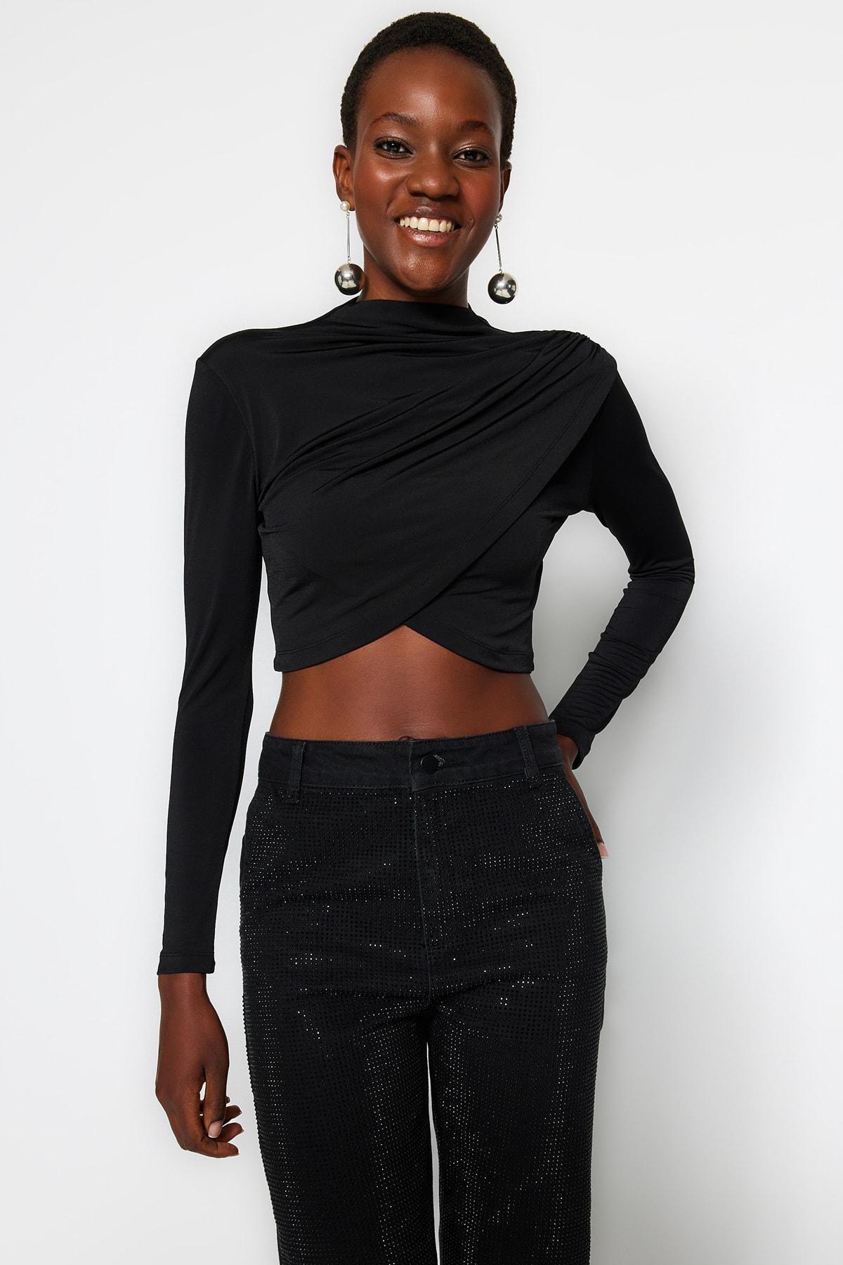 Black Stand-Up Collar Crop Blouse, , large image number 1