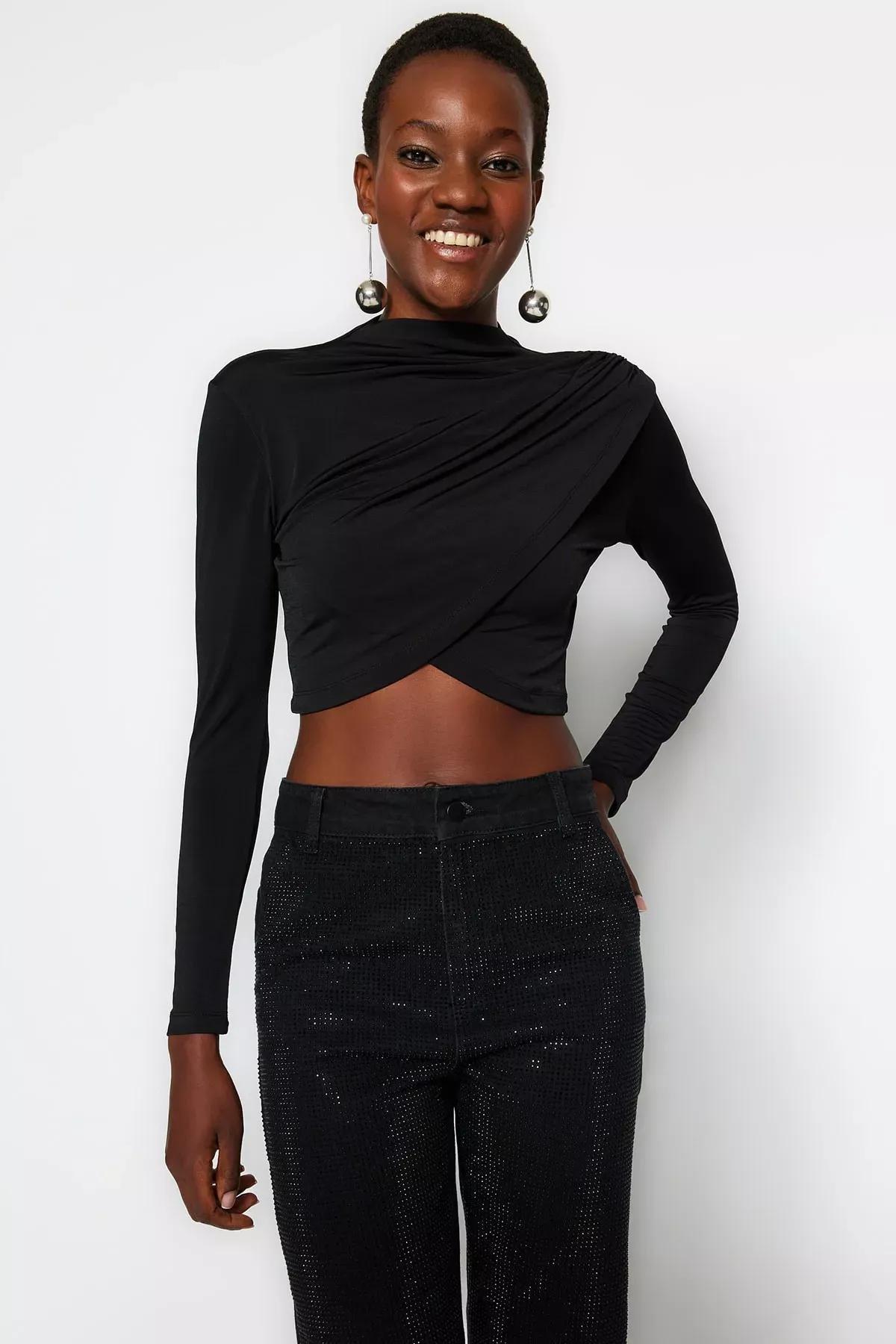 Black Stand-Up Collar Crop Blouse, BLACK, medium