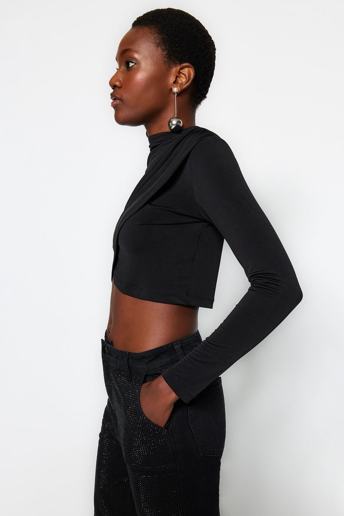 Black Stand-Up Collar Crop Blouse, , large image number 2