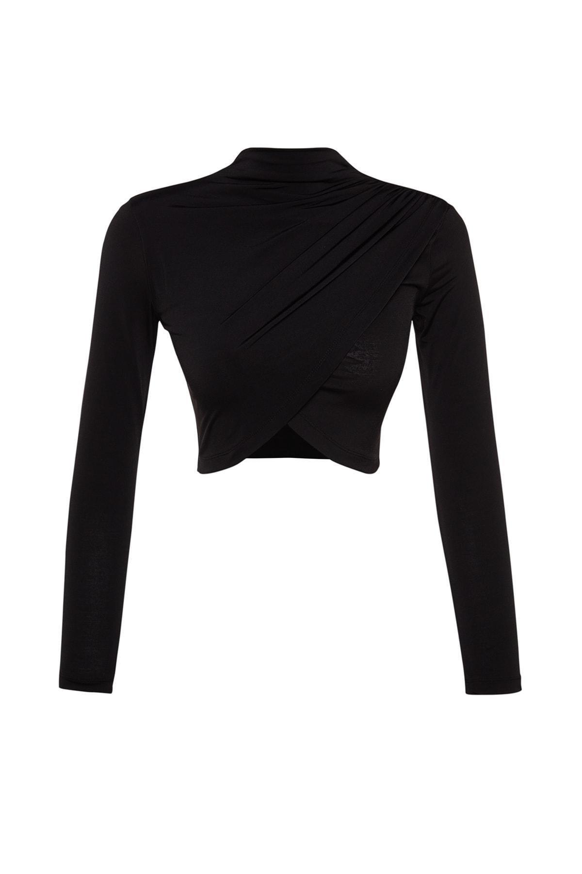 Black Stand-Up Collar Crop Blouse, , large image number 5