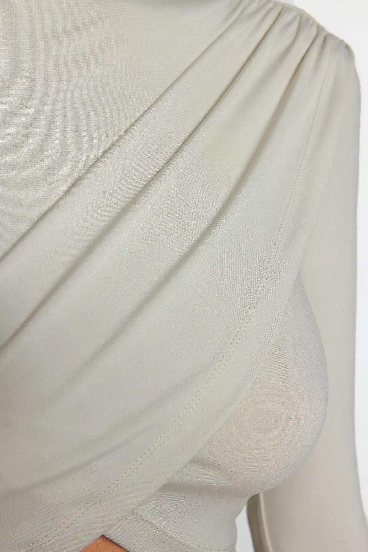 Beiges Stand- Up Collar Crop Blouse, STONE, large image number 3