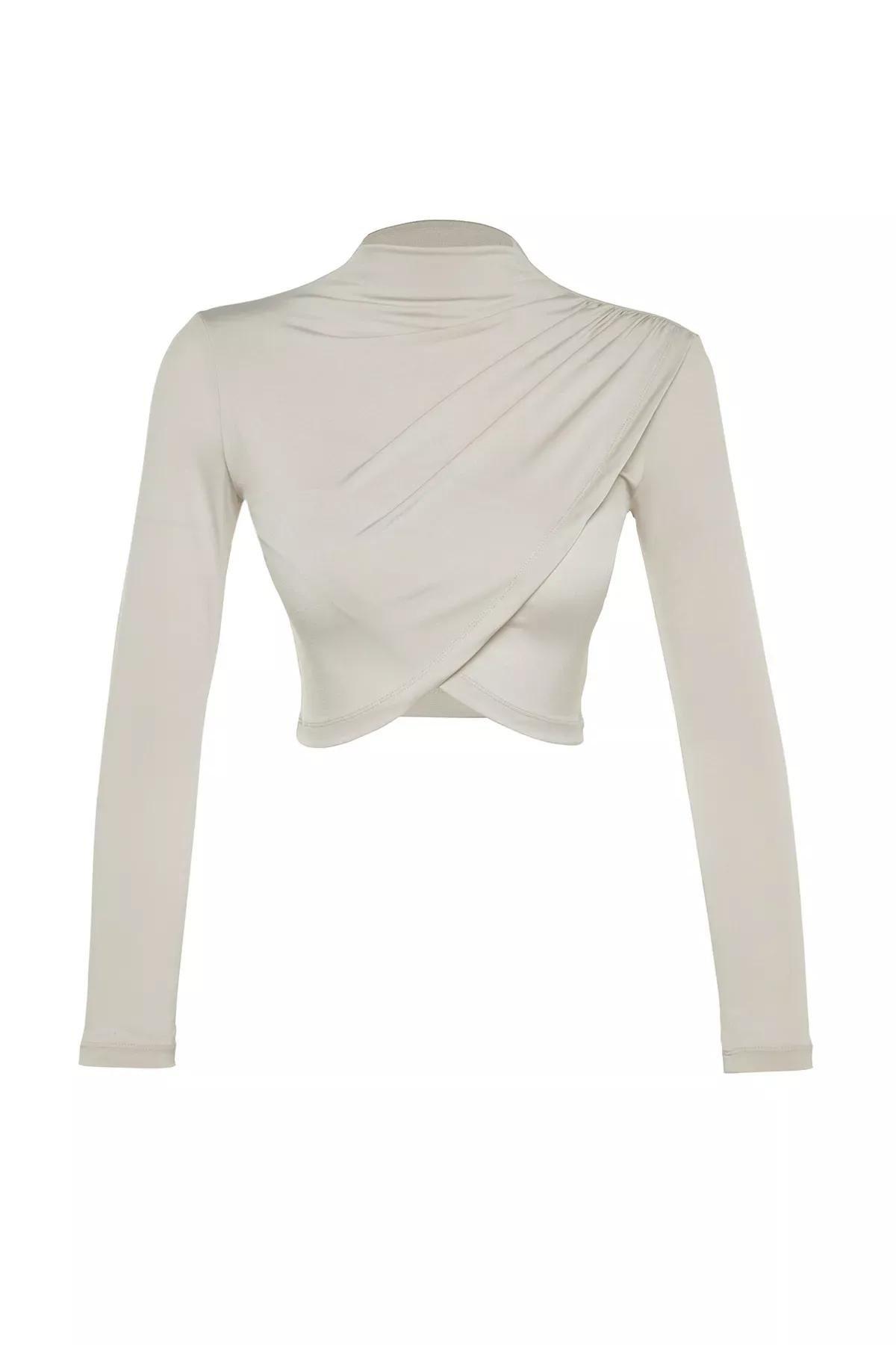 Beiges Stand- Up Collar Crop Blouse, STONE, large image number 5
