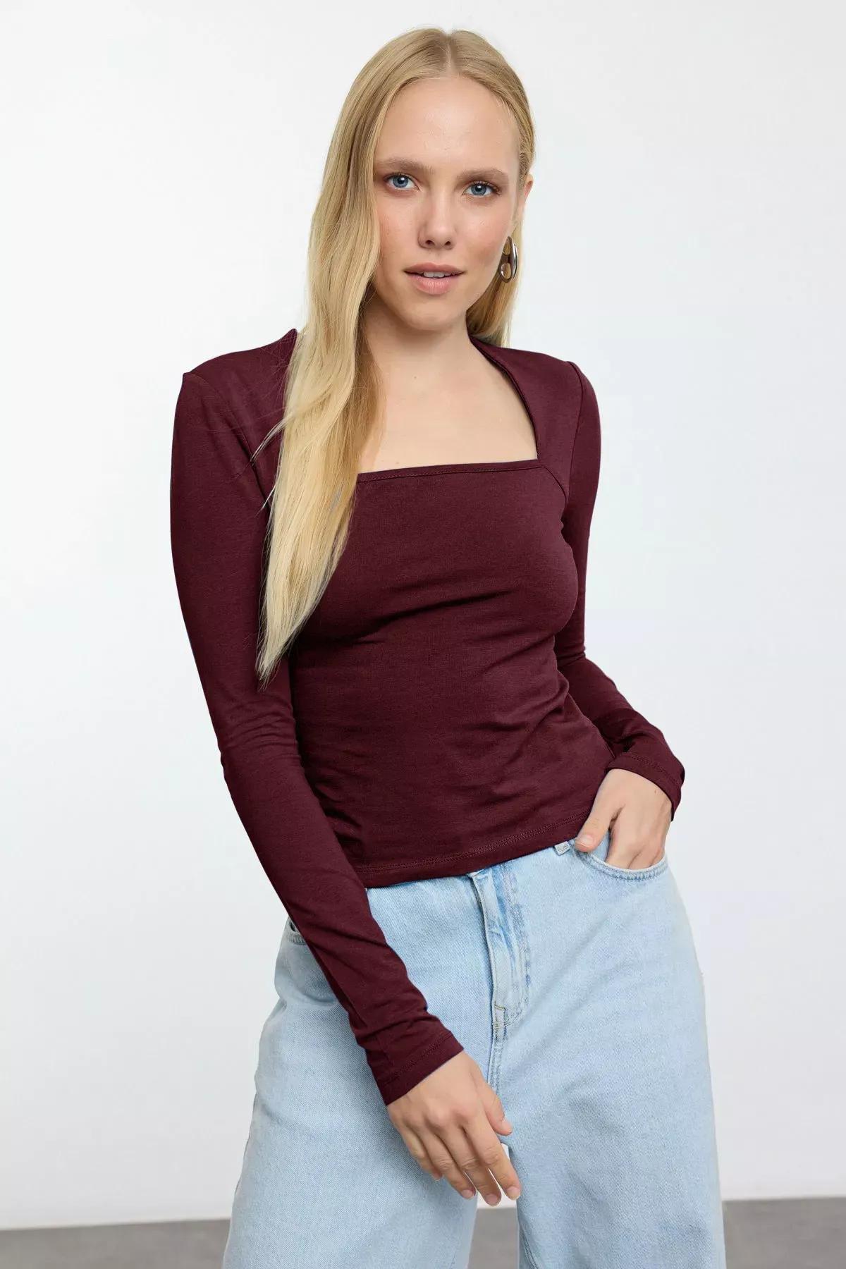بلوزة بفتحة رقبة مربعة، برغندي, Dark Burgundy, large image number 1