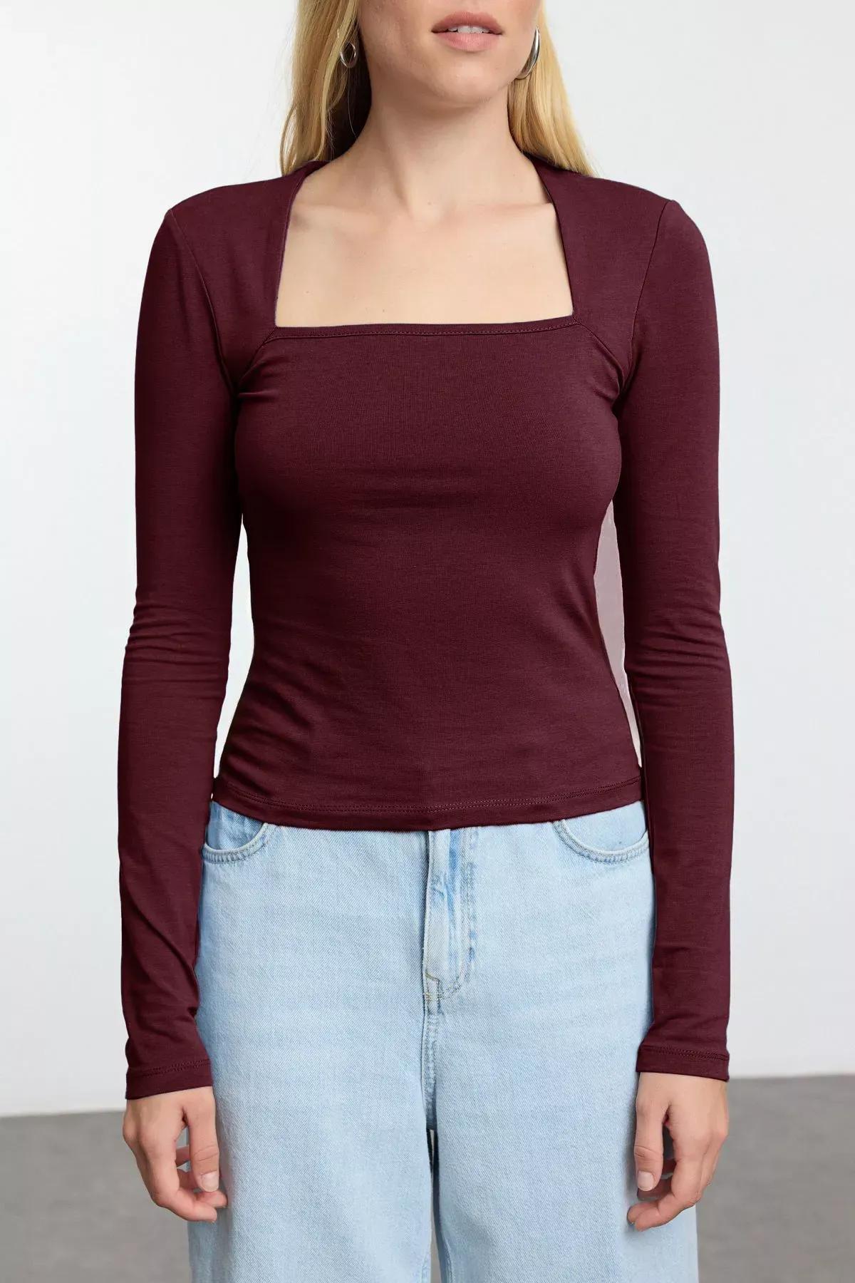 بلوزة بفتحة رقبة مربعة، برغندي, Dark Burgundy, large image number 3