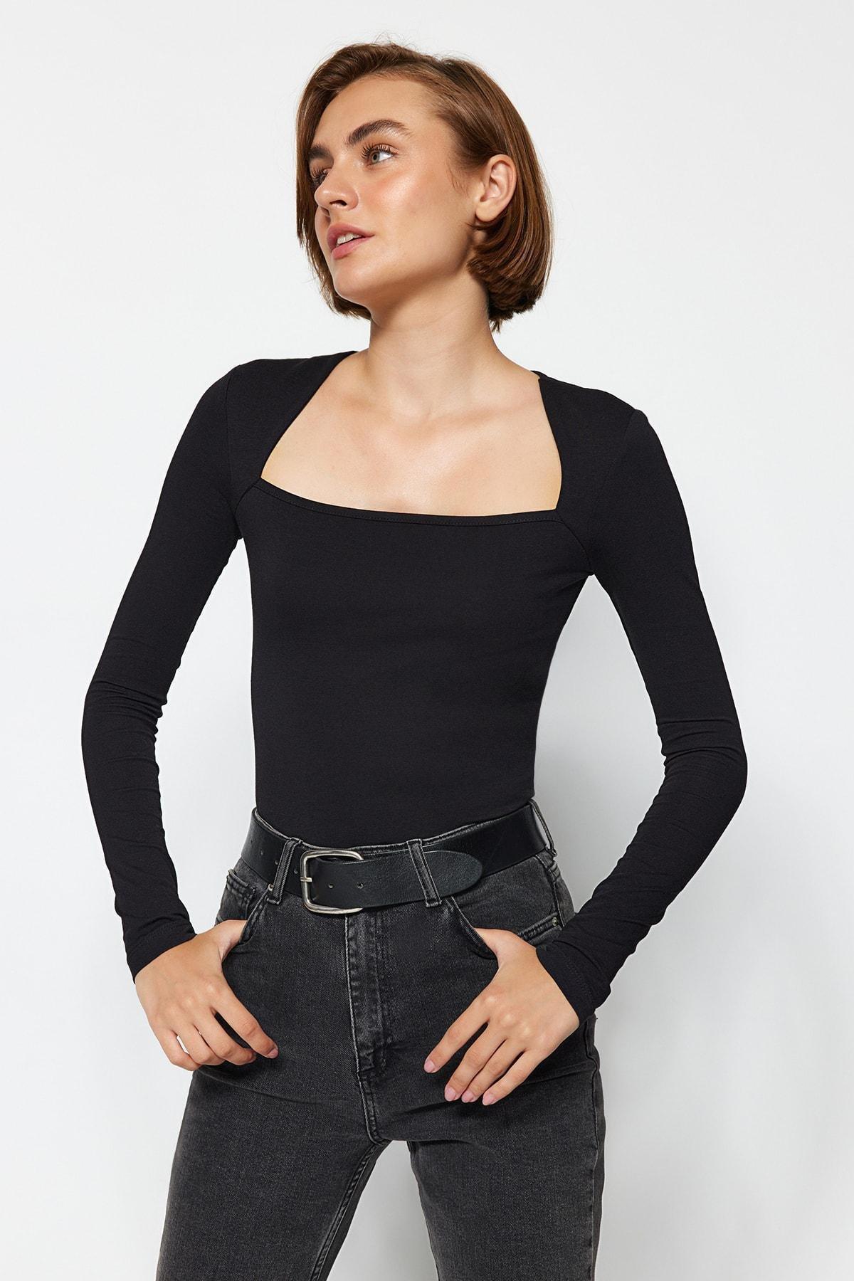 Black Cotton Stretchy Square Collar Blouse, , large image number 0