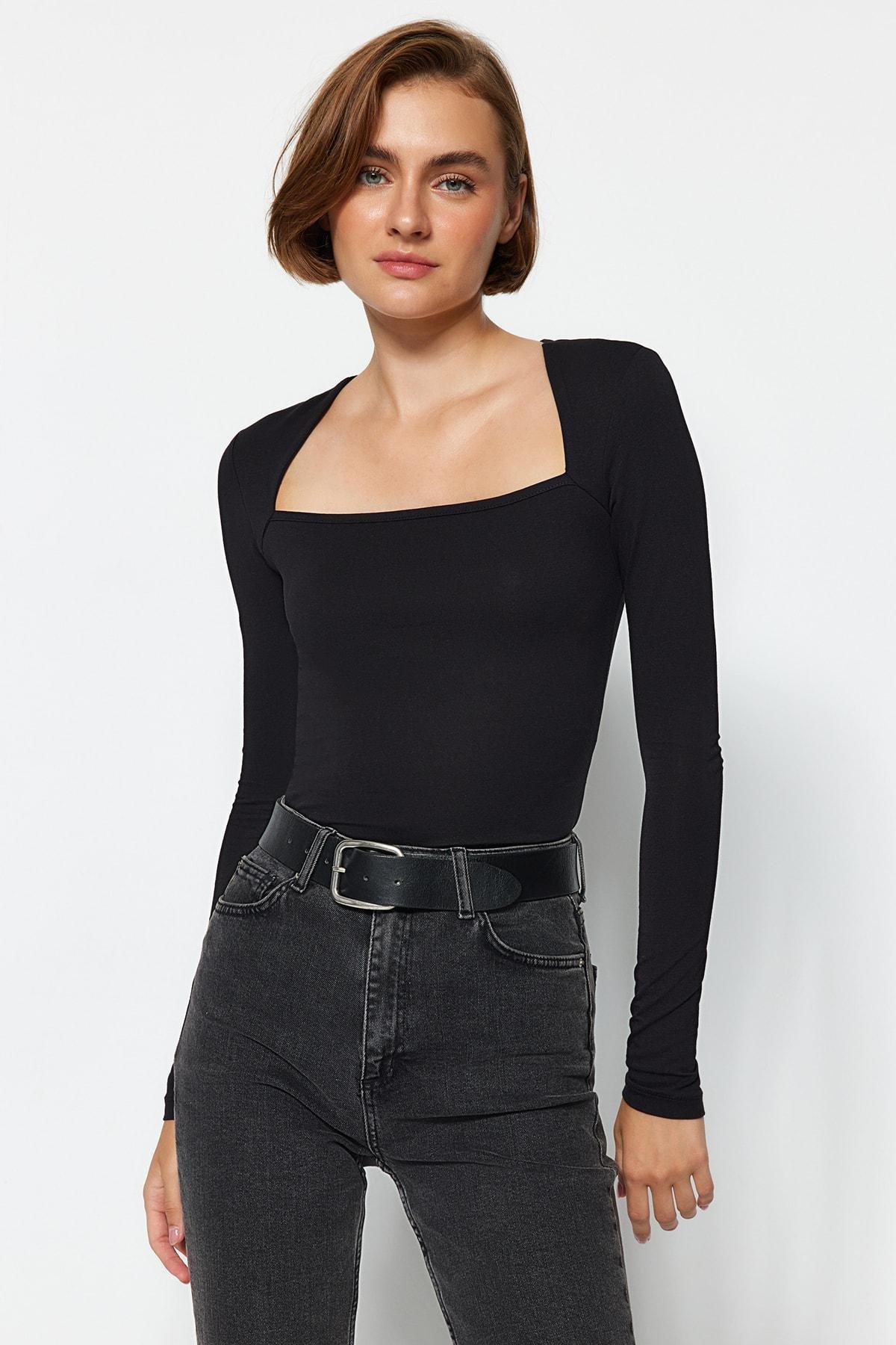 Black Cotton Stretchy Square Collar Blouse, , large image number 1