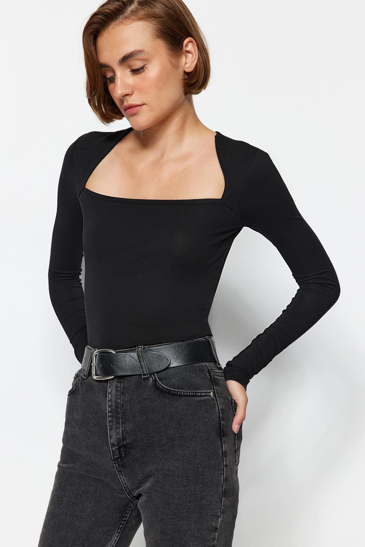 Black Cotton Stretchy Square Collar Blouse, , large image number 2