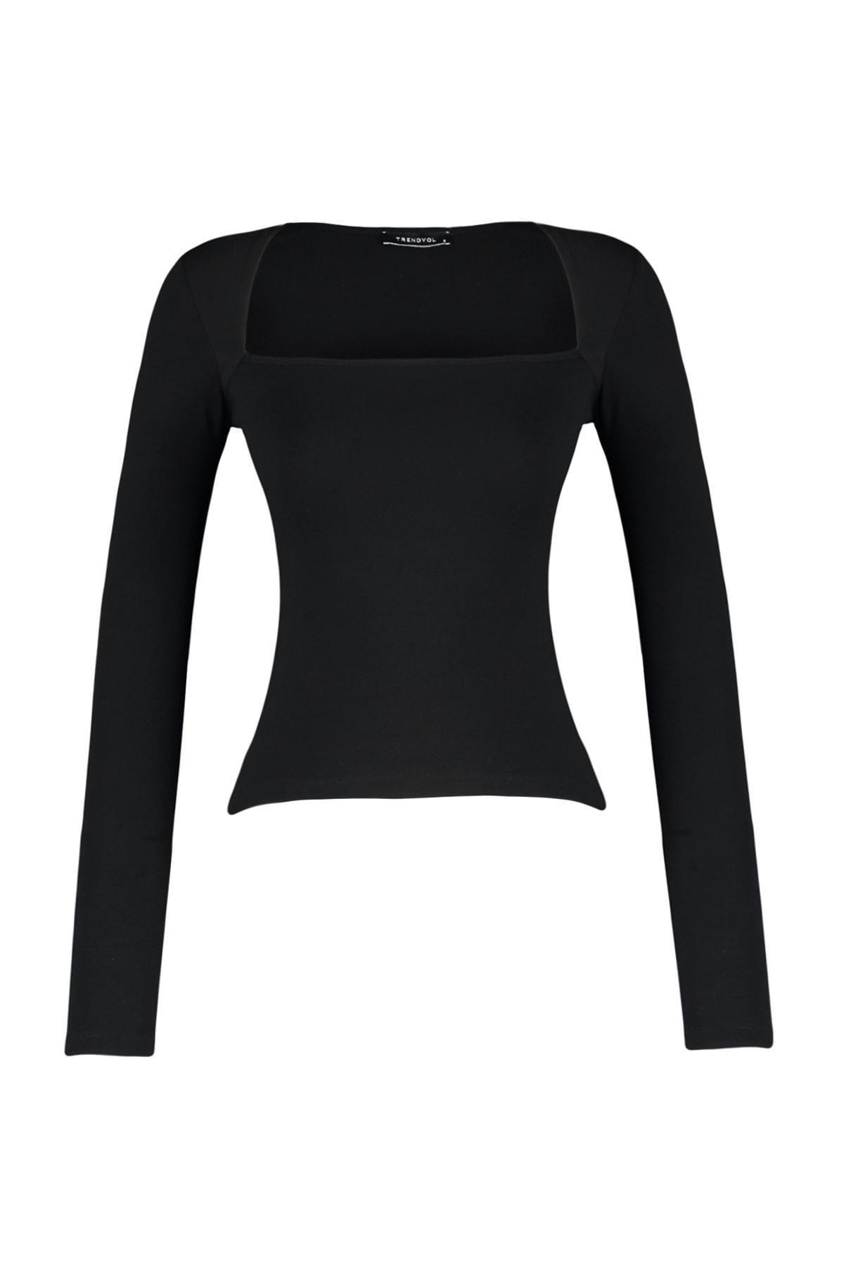 Black Cotton Stretchy Square Collar Blouse, , large image number 4