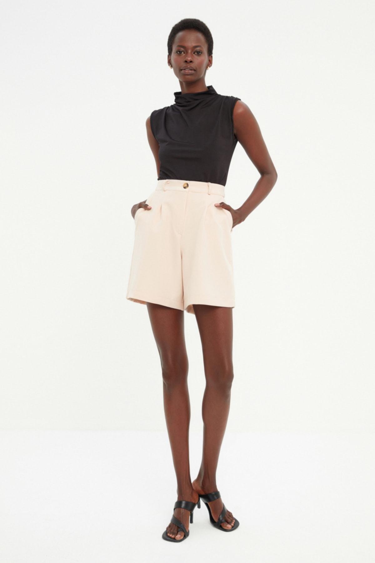 Beige High Waist Straight Shorts, , large image number 0