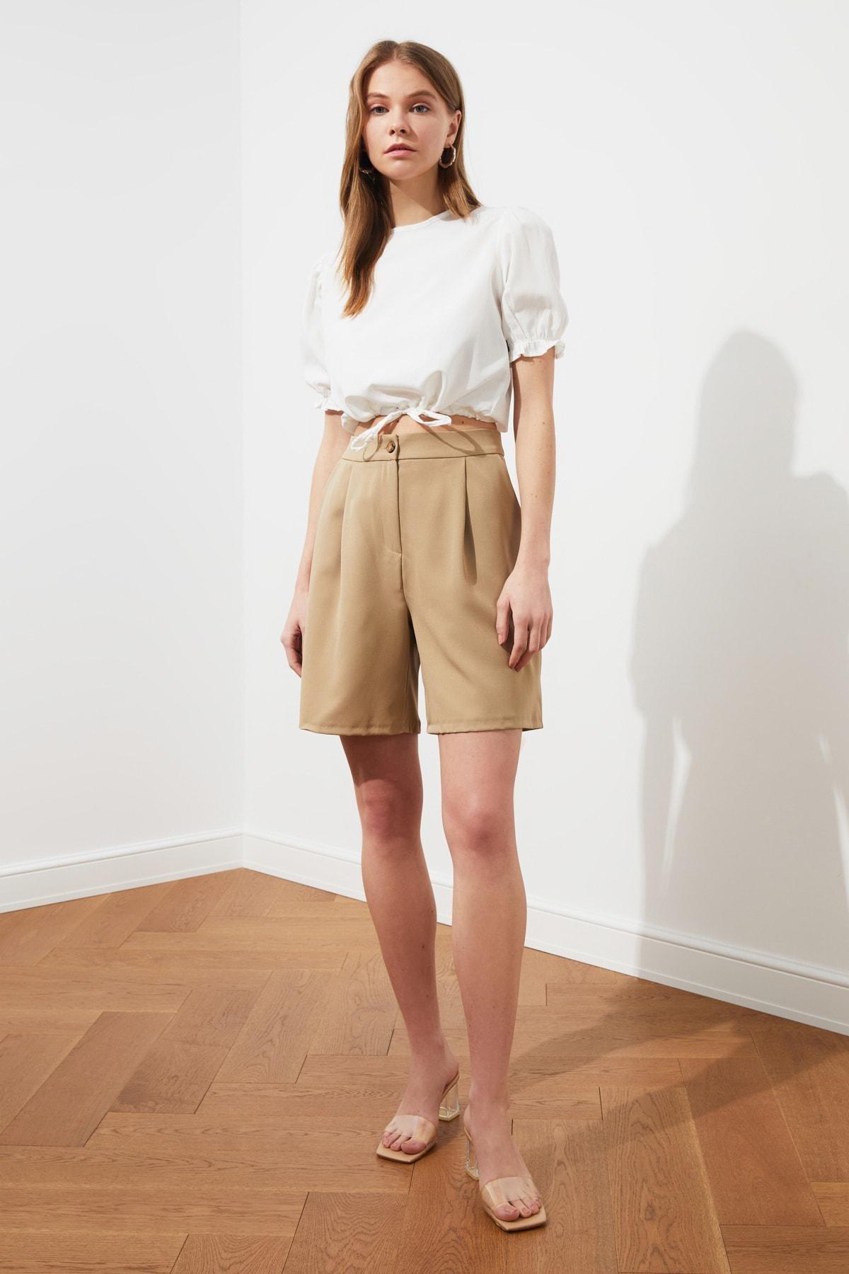 Beige High Waist Straight Shorts, , large image number 5