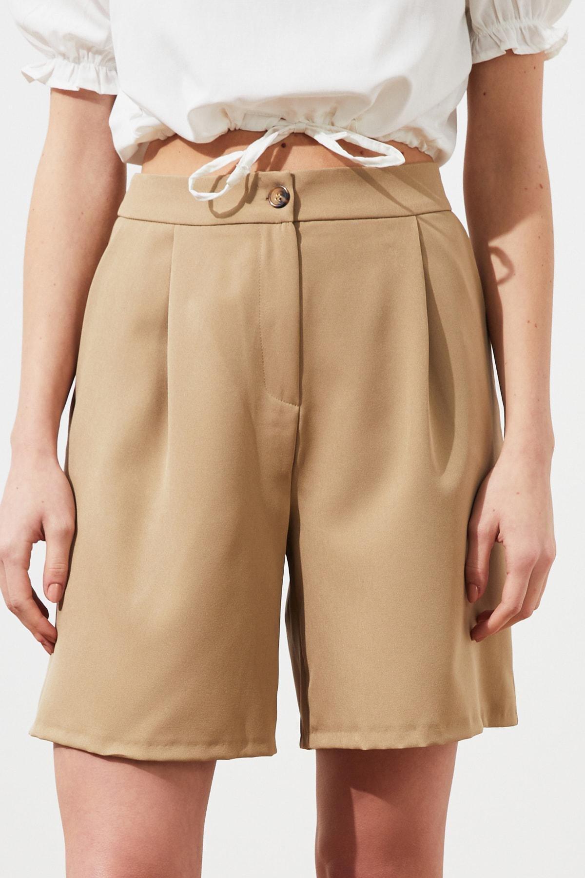 Beige High Waist Straight Shorts, , large image number 7