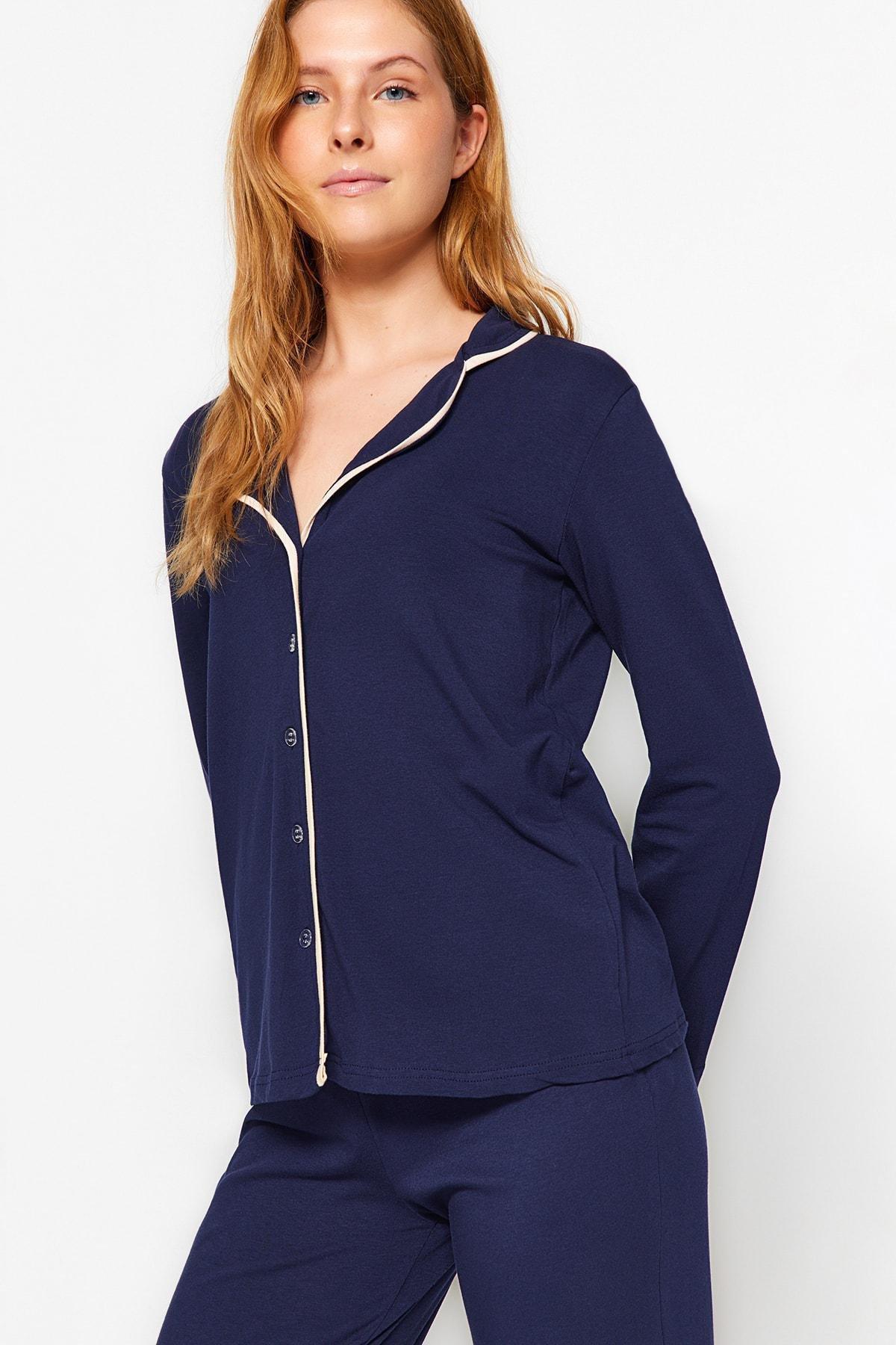 Blue Cotton Pile Detailed Knitted Pyjamas Set, , large image number 0