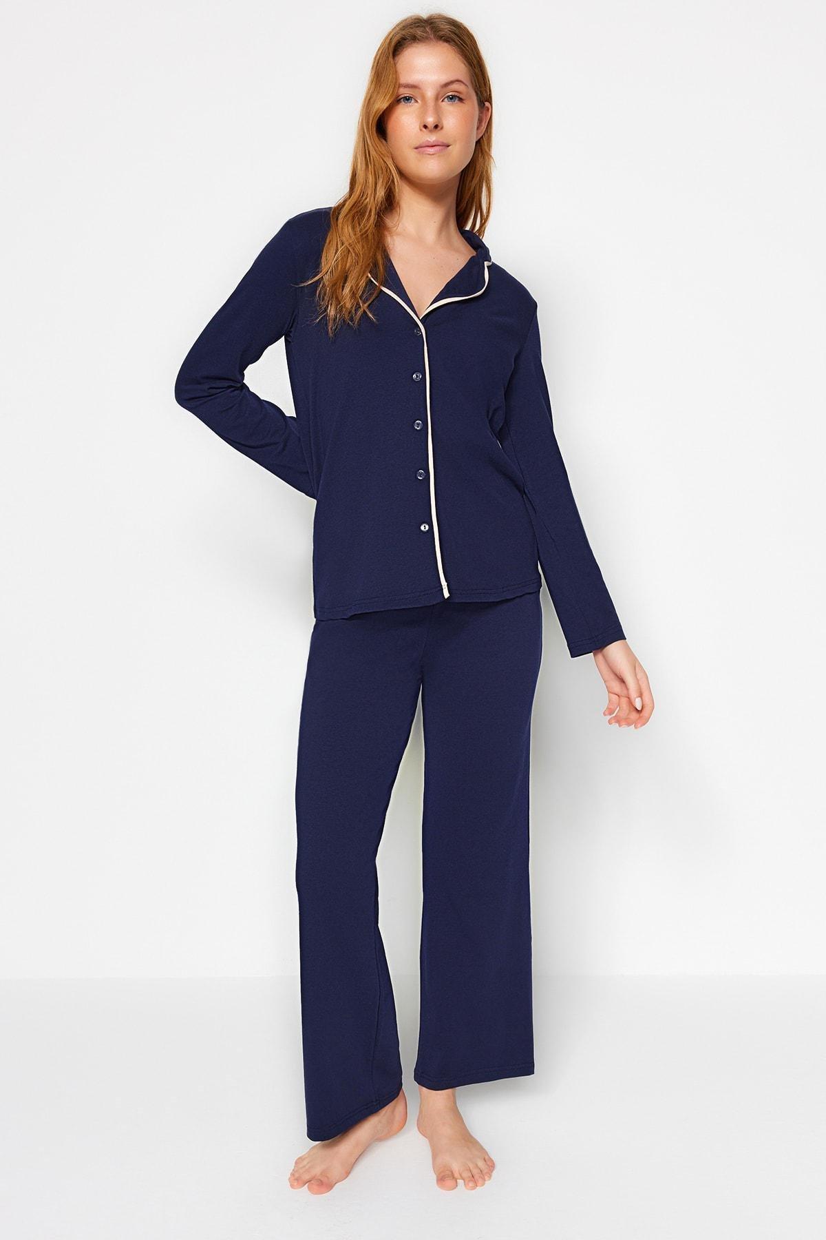 Blue Cotton Pile Detailed Knitted Pyjamas Set, , large image number 1