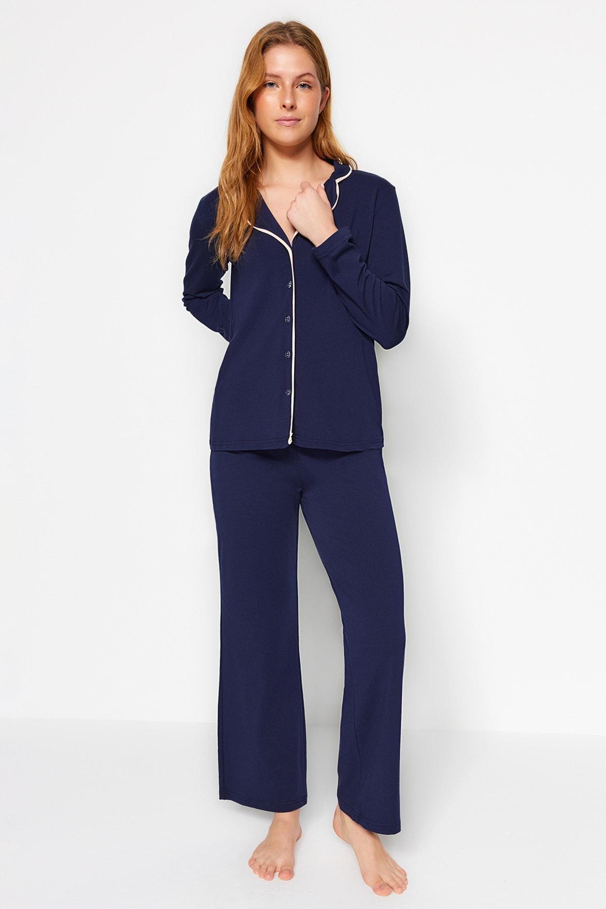 Blue Cotton Pile Detailed Knitted Pyjamas Set, , large image number 2