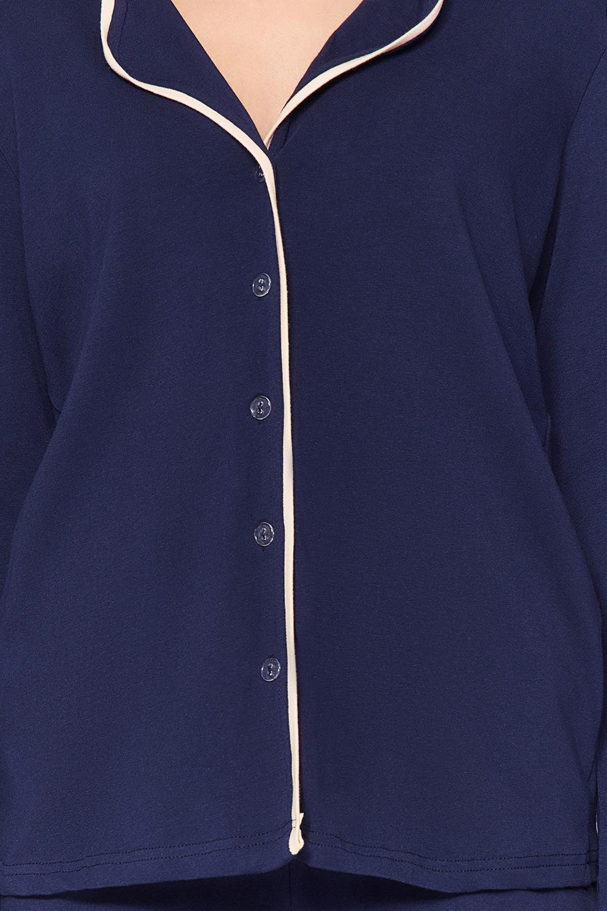 Blue Cotton Pile Detailed Knitted Pyjamas Set, , large image number 4