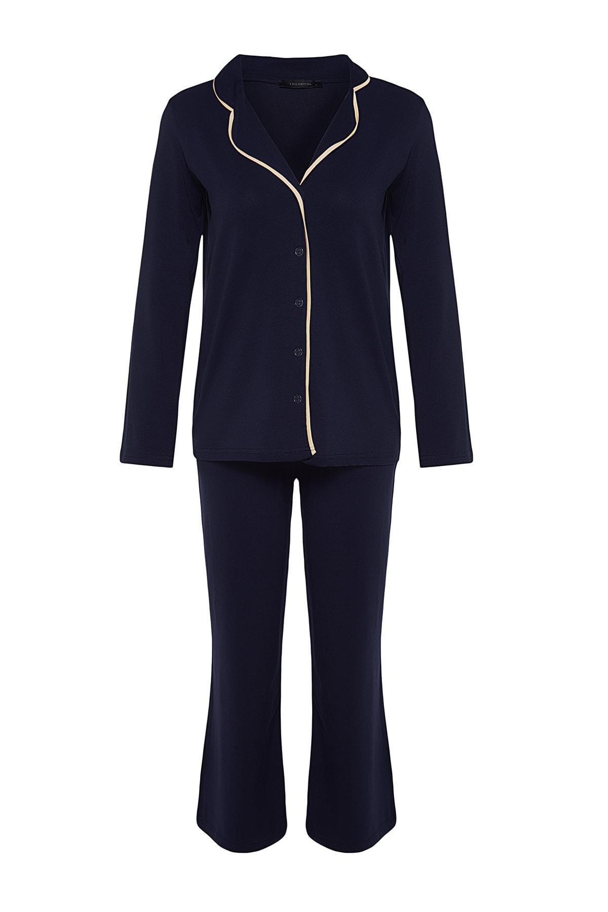 Blue Cotton Pile Detailed Knitted Pyjamas Set, , large image number 6