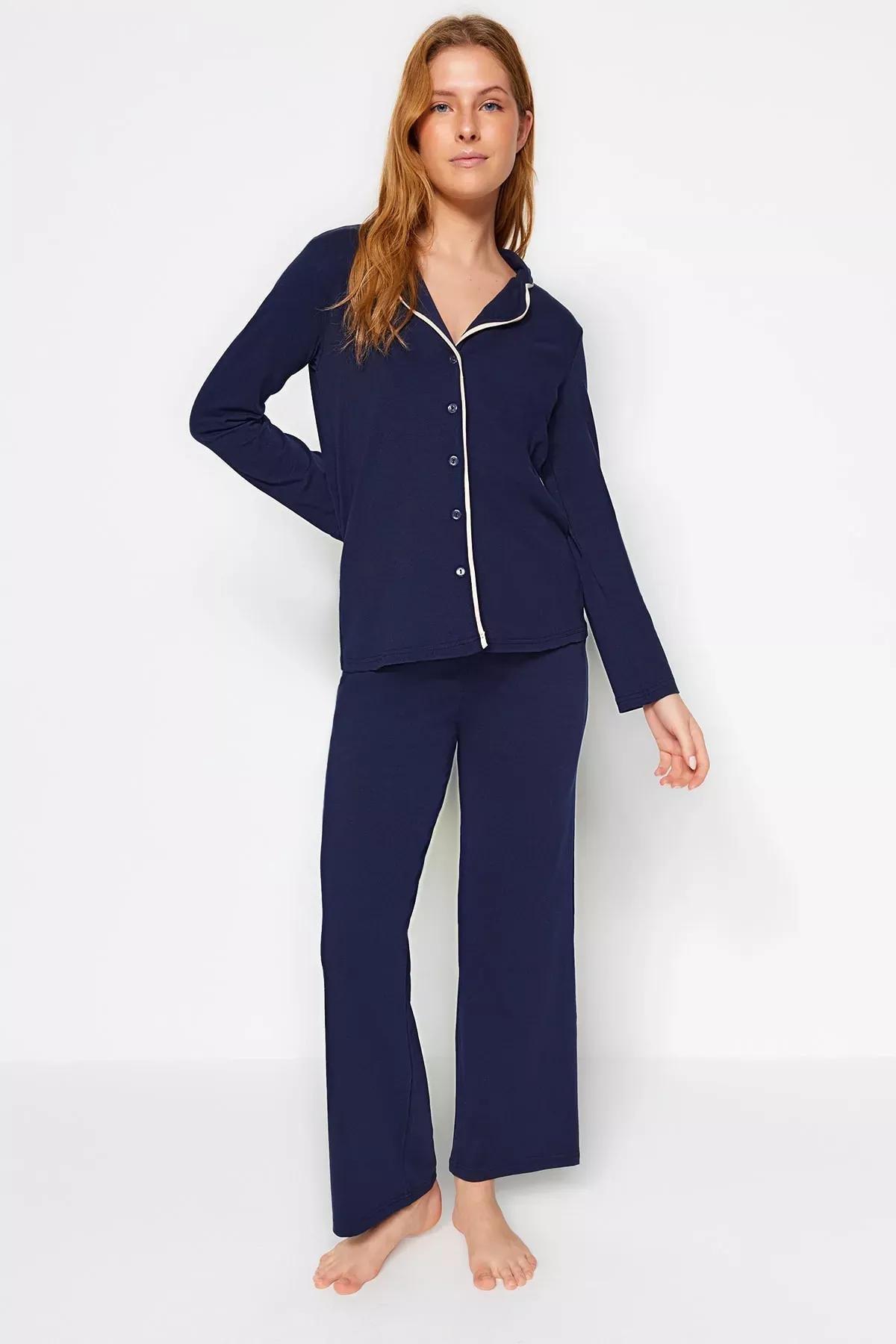 Navy Blue Cotton Piping Detailed Shirt-Pants Knitted Pajamas Set THMAW24PT00025, 2 pcs, C101_4136, large image number 1