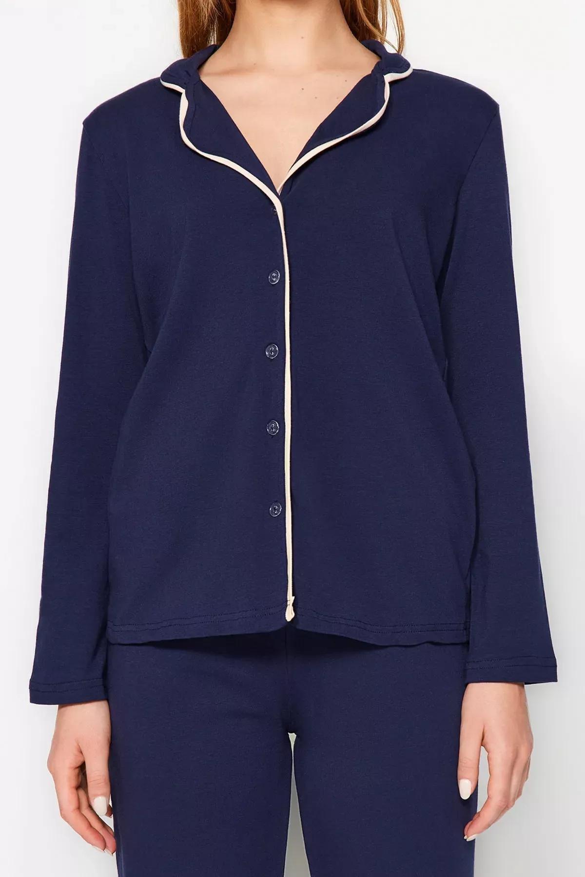 Navy Blue Cotton Piping Detailed Shirt-Pants Knitted Pajamas Set THMAW24PT00025, 2 pcs, C101_4136, large image number 3