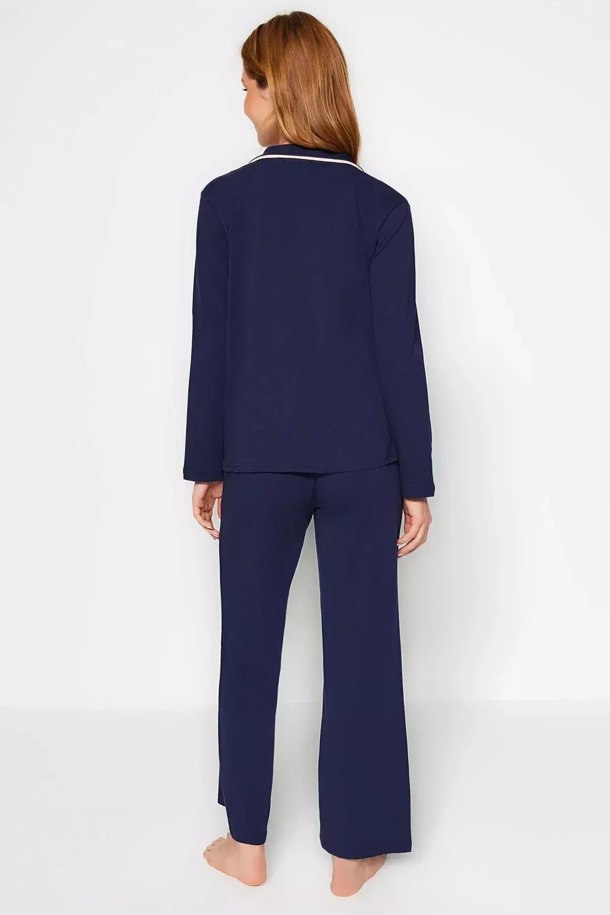 Navy Blue Cotton Piping Detailed Shirt-Pants Knitted Pajamas Set THMAW24PT00025, 2 pcs, C101_4136, large image number 5