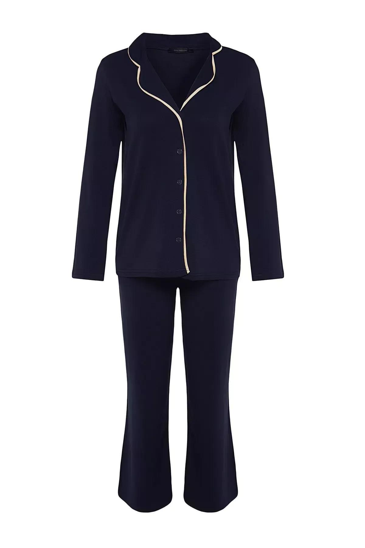 Navy Blue Cotton Piping Detailed Shirt-Pants Knitted Pajamas Set THMAW24PT00025, 2 pcs, C101_4136, large image number 6