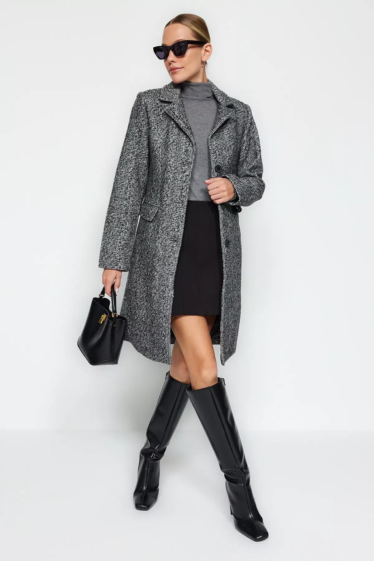 Black Oversized Pattern Long Coat, BLACK, large image number 0