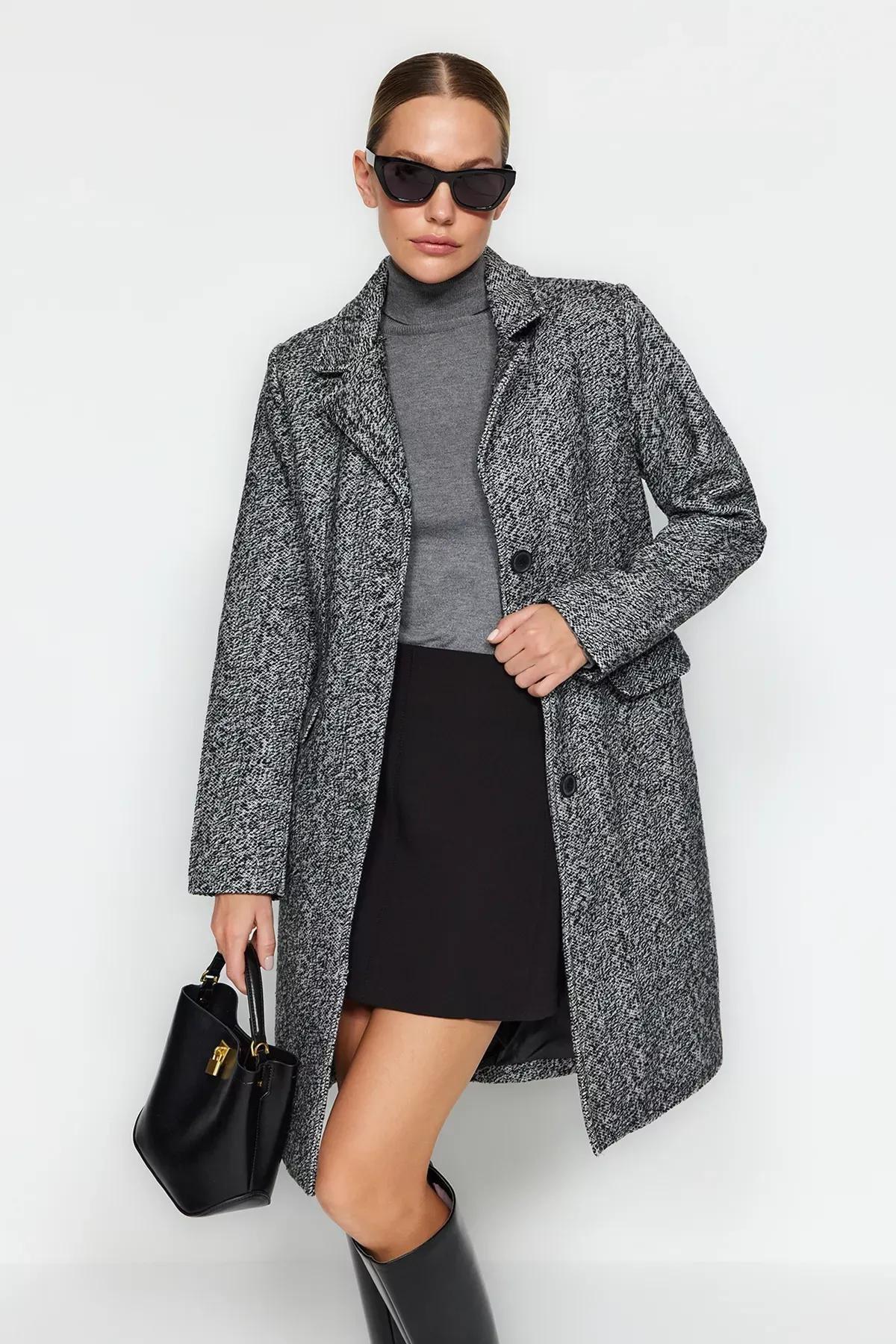 Black Oversized Pattern Long Coat, BLACK, large image number 1