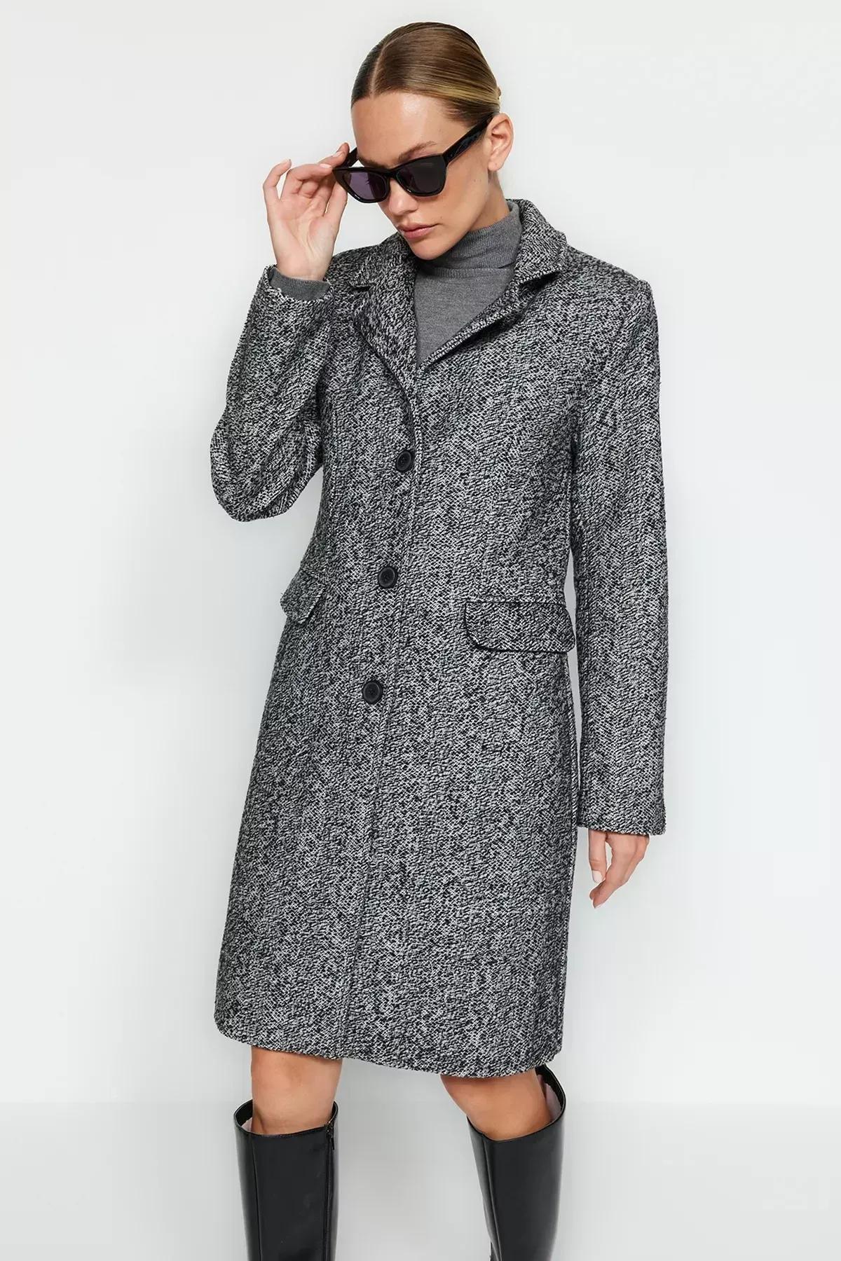 Black Oversized Pattern Long Coat, BLACK, large image number 2