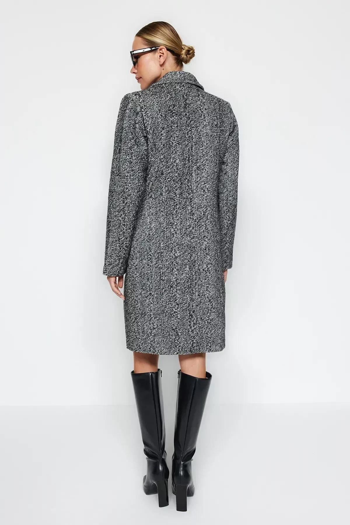 Black Oversized Pattern Long Coat, BLACK, large image number 4