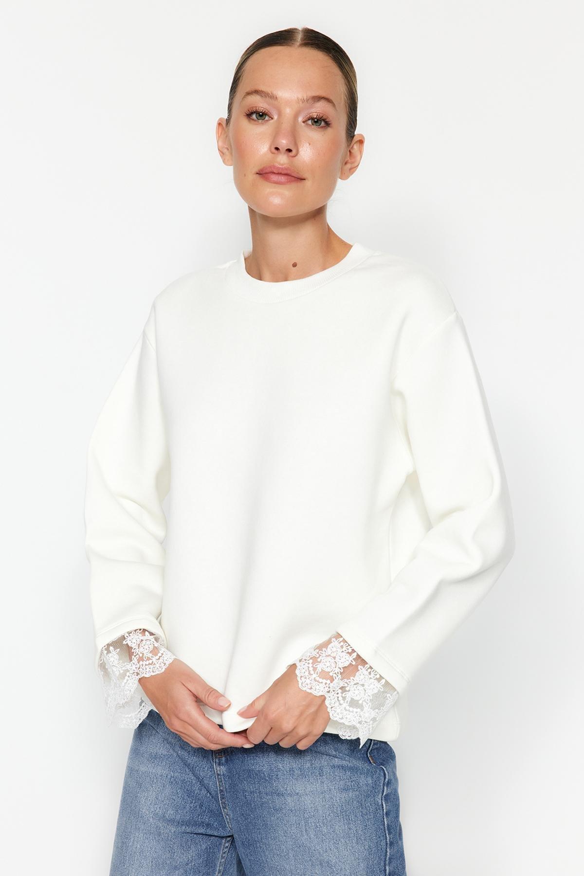 Trendyol - Cream Fleece Oversized Knitted Sweatshirt