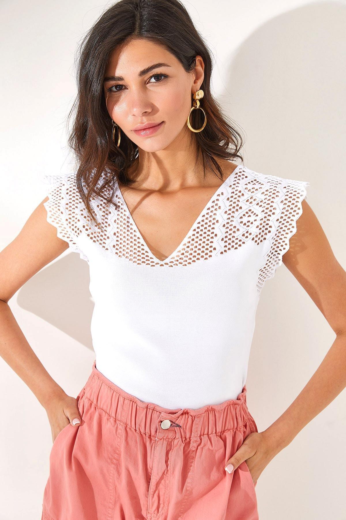 White V-Neck Openwork Knitted Blouse, White, large image number 0