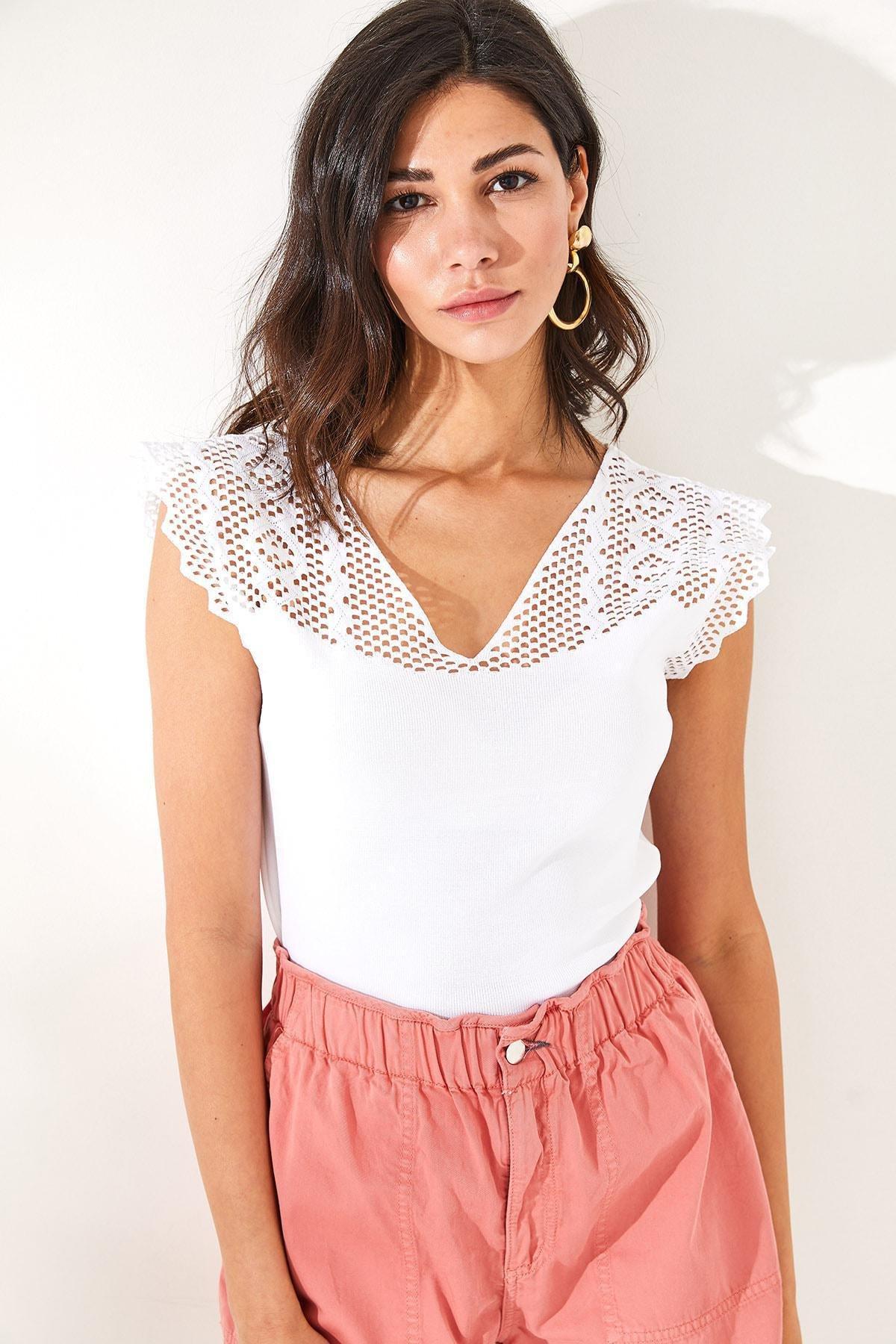 White V-Neck Openwork Knitted Blouse, White, large image number 1