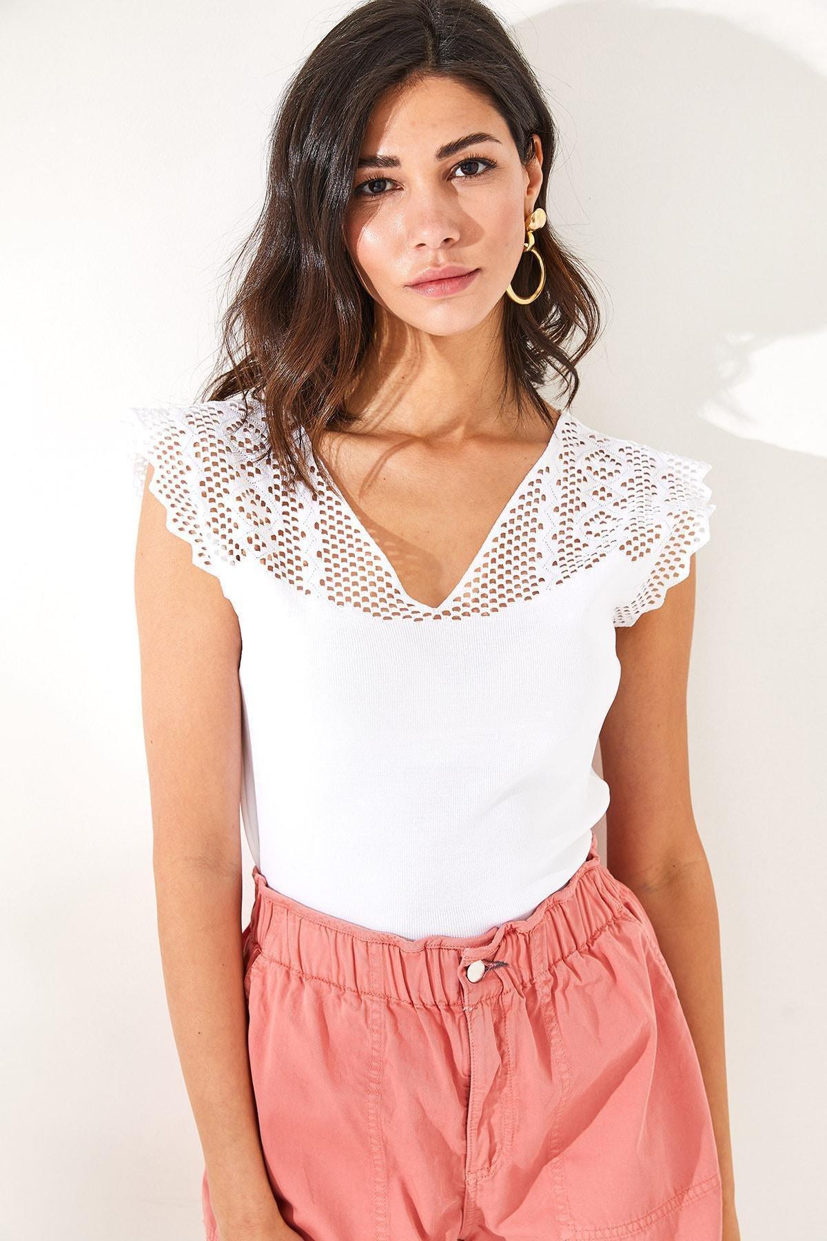 Olalook - White V-Neck Openwork Knitted Blouse