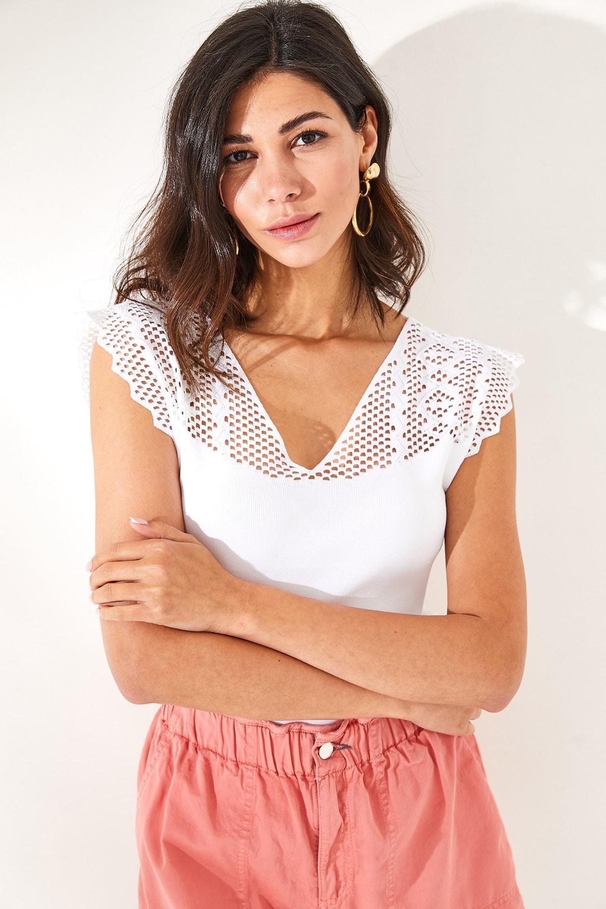 White V-Neck Openwork Knitted Blouse, White, large image number 3