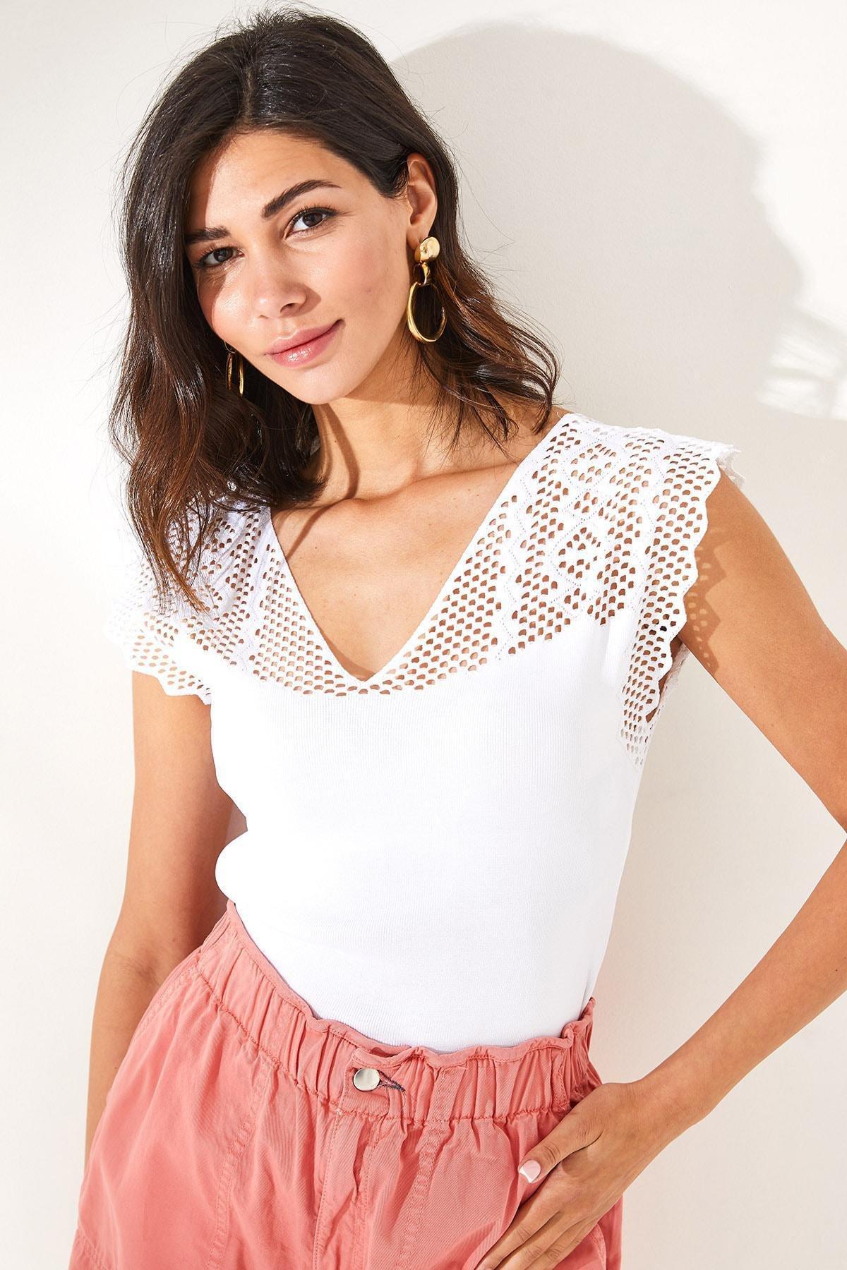 White V-Neck Openwork Knitted Blouse, White, large image number 4