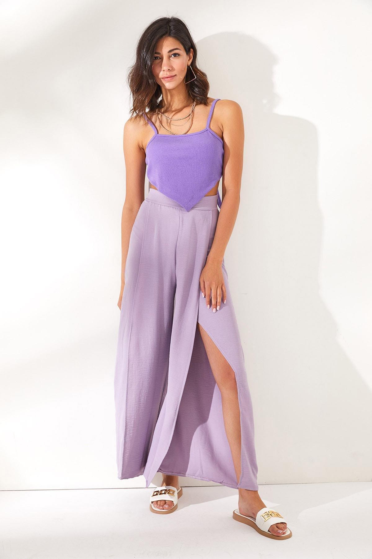 Purple Thigh-High Slit Pants, Lilac, large image number 1