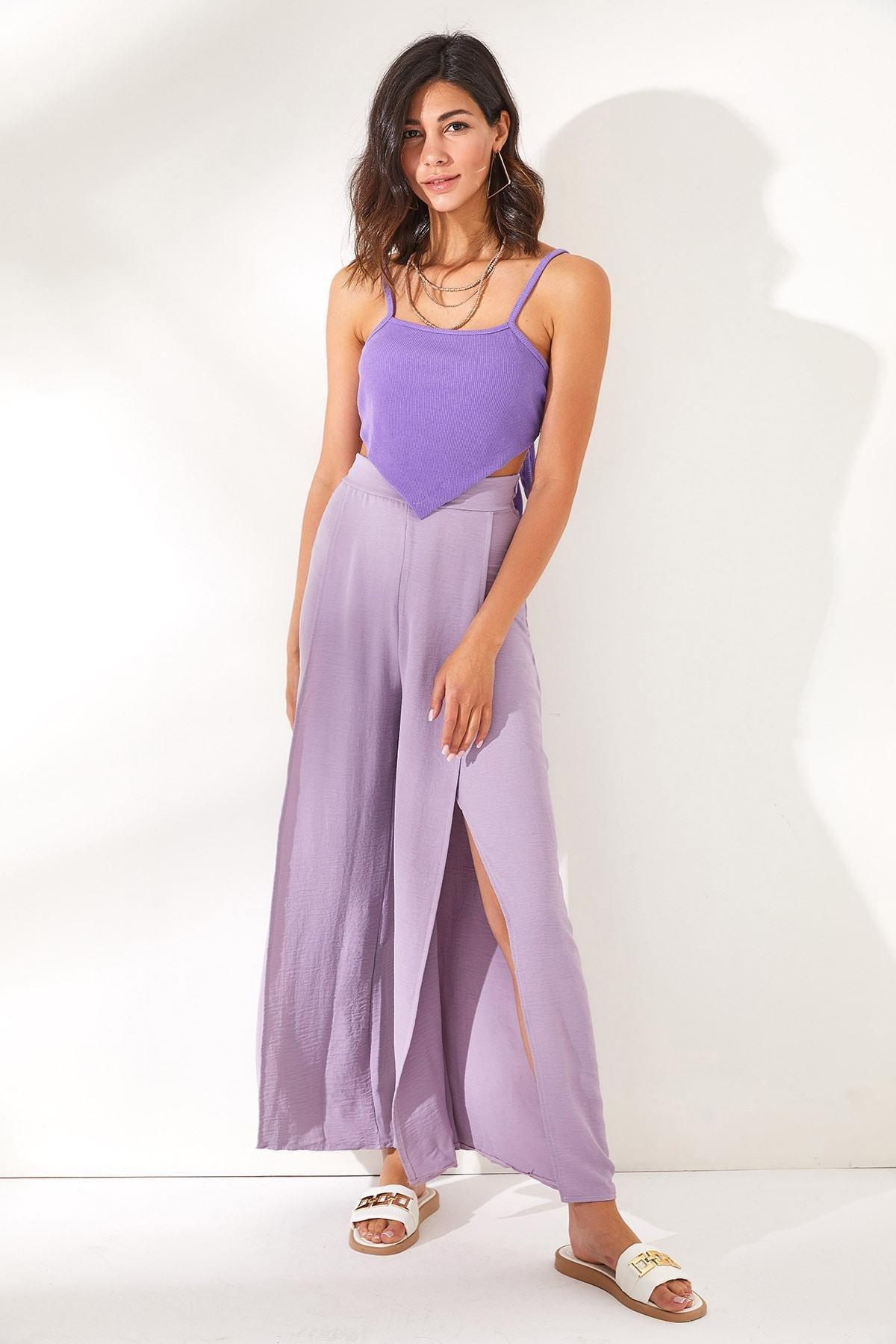 Purple Thigh-High Slit Pants, Lilac, large image number 2