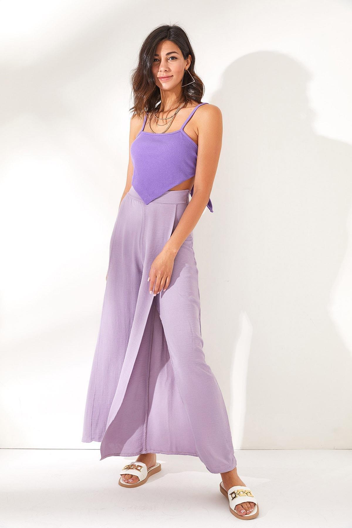 Purple Thigh-High Slit Pants, Lilac, large image number 3