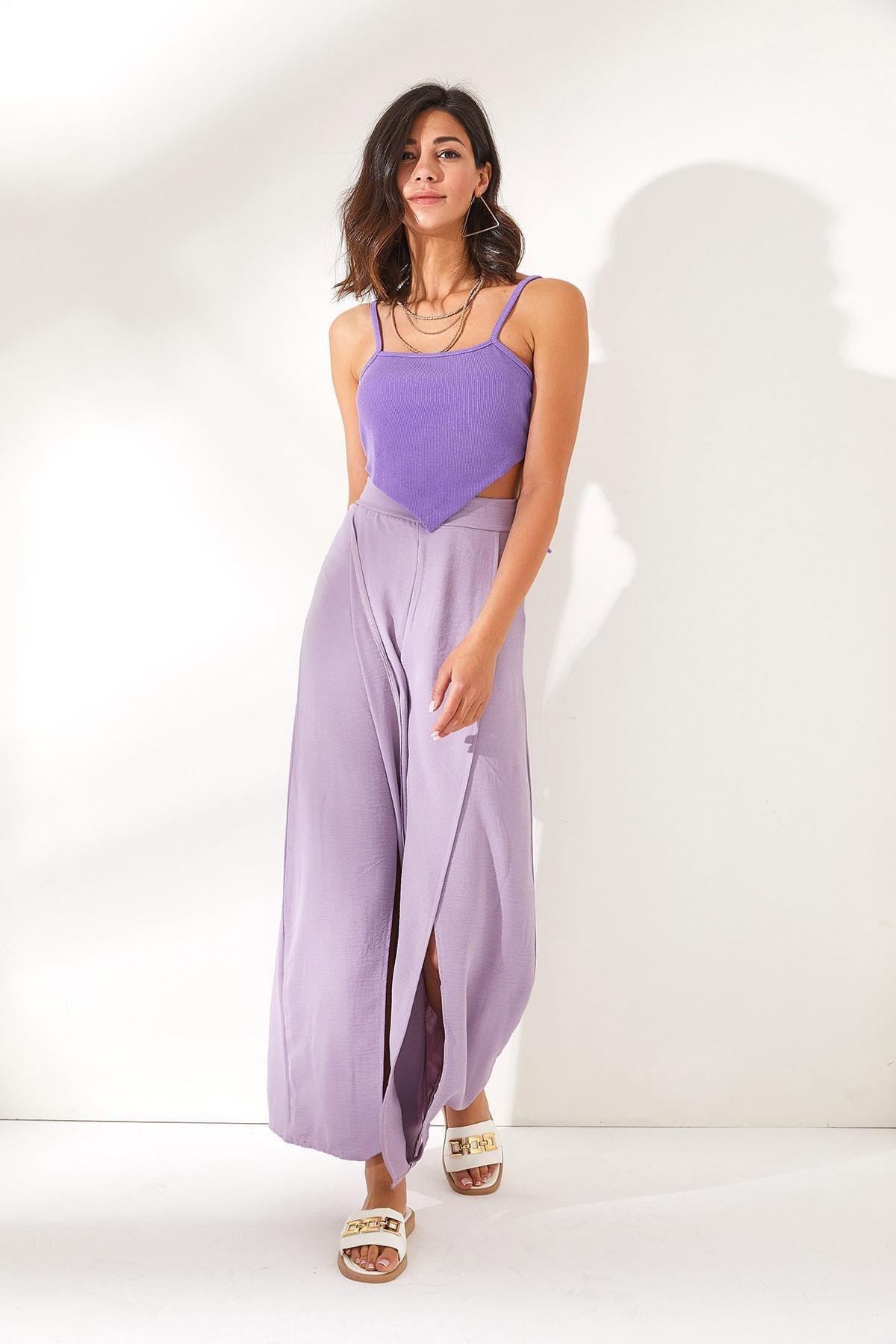 Purple Thigh-High Slit Pants, Lilac, large image number 4
