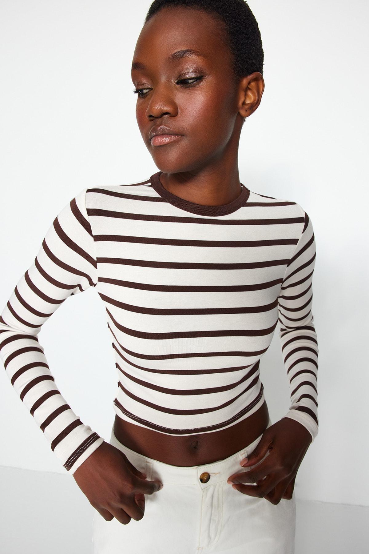 Trendyol - Brown Striped Crop Stretchy Knitted Blouse
