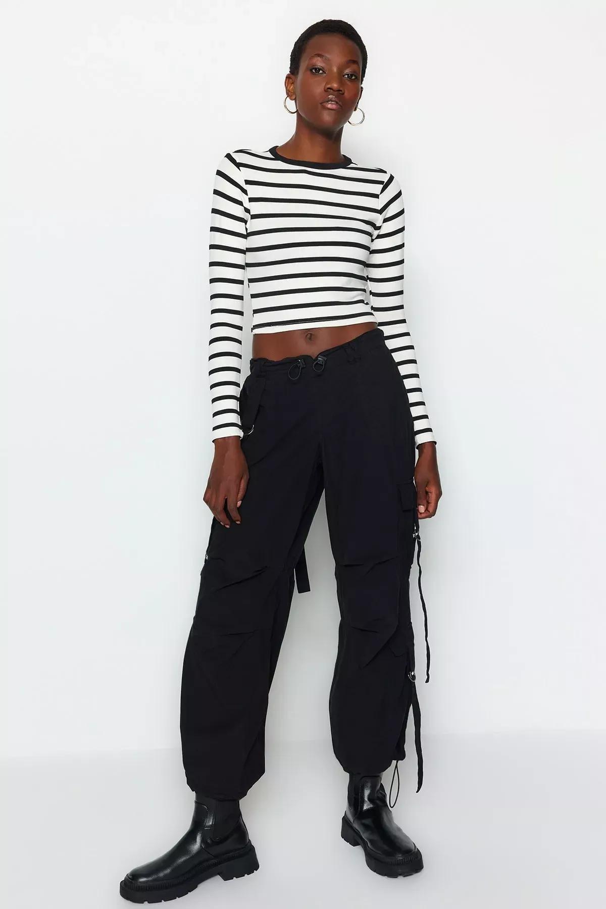 Black Striped Crop Stretchy Knitted Blouse, BLACK, large image number 1