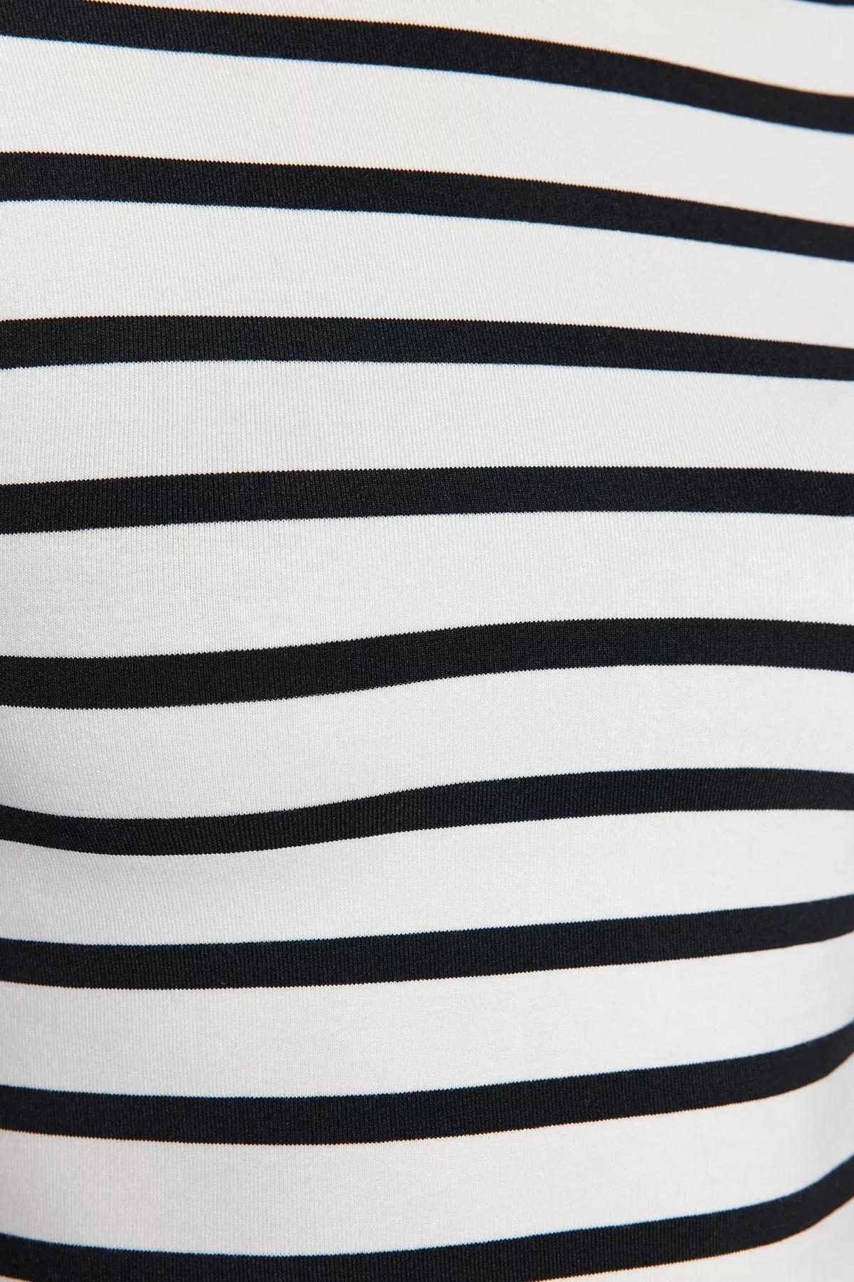 Black Striped Crop Stretchy Knitted Blouse, BLACK, large image number 4