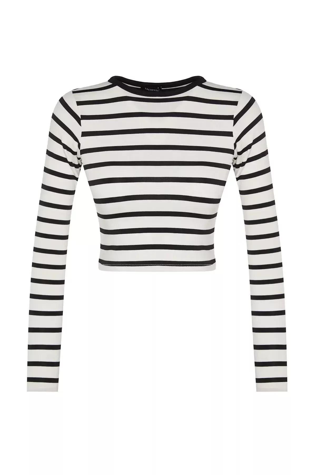 Black Striped Crop Stretchy Knitted Blouse, BLACK, large image number 5