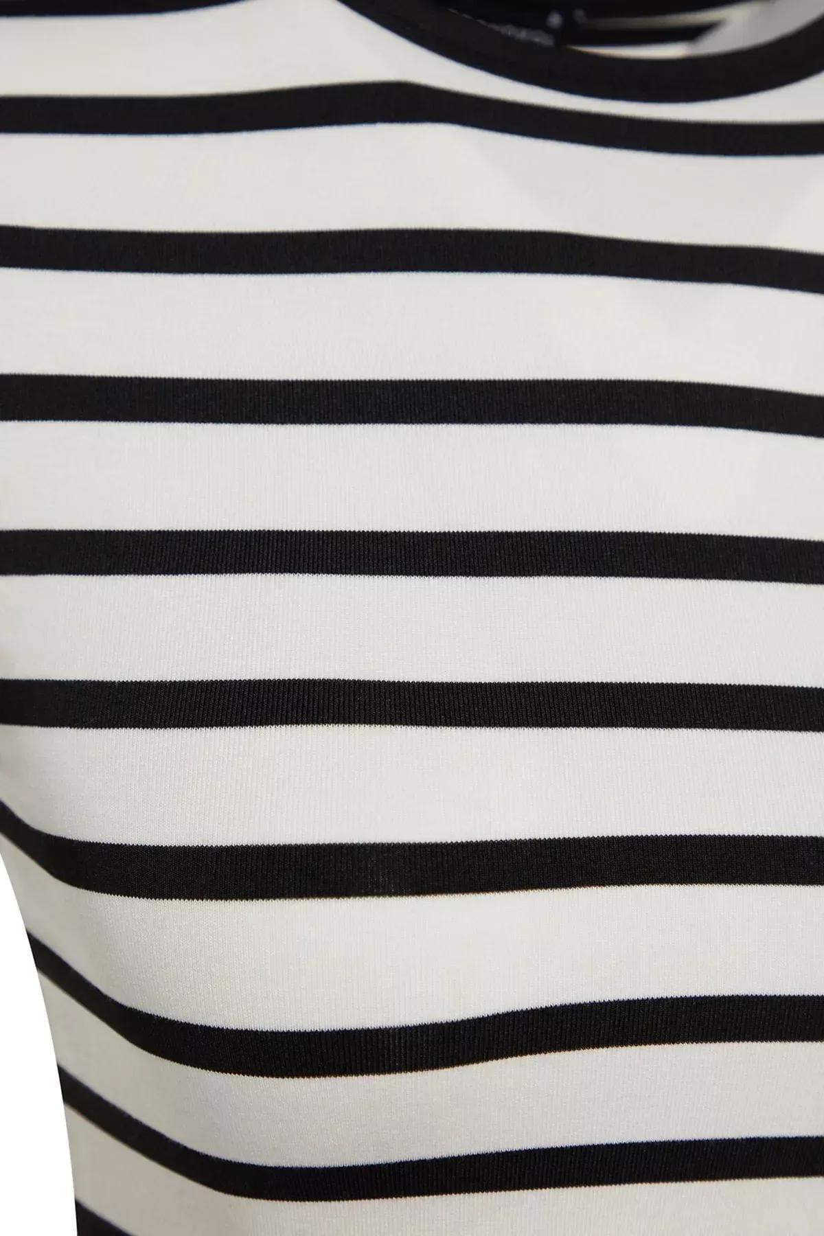 Black Striped Crop Stretchy Knitted Blouse, BLACK, large image number 6