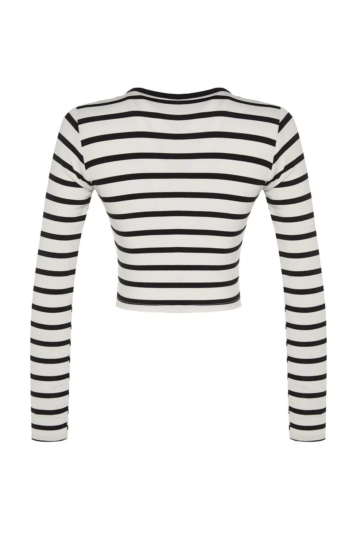 Black Striped Crop Stretchy Knitted Blouse, BLACK, large image number 7