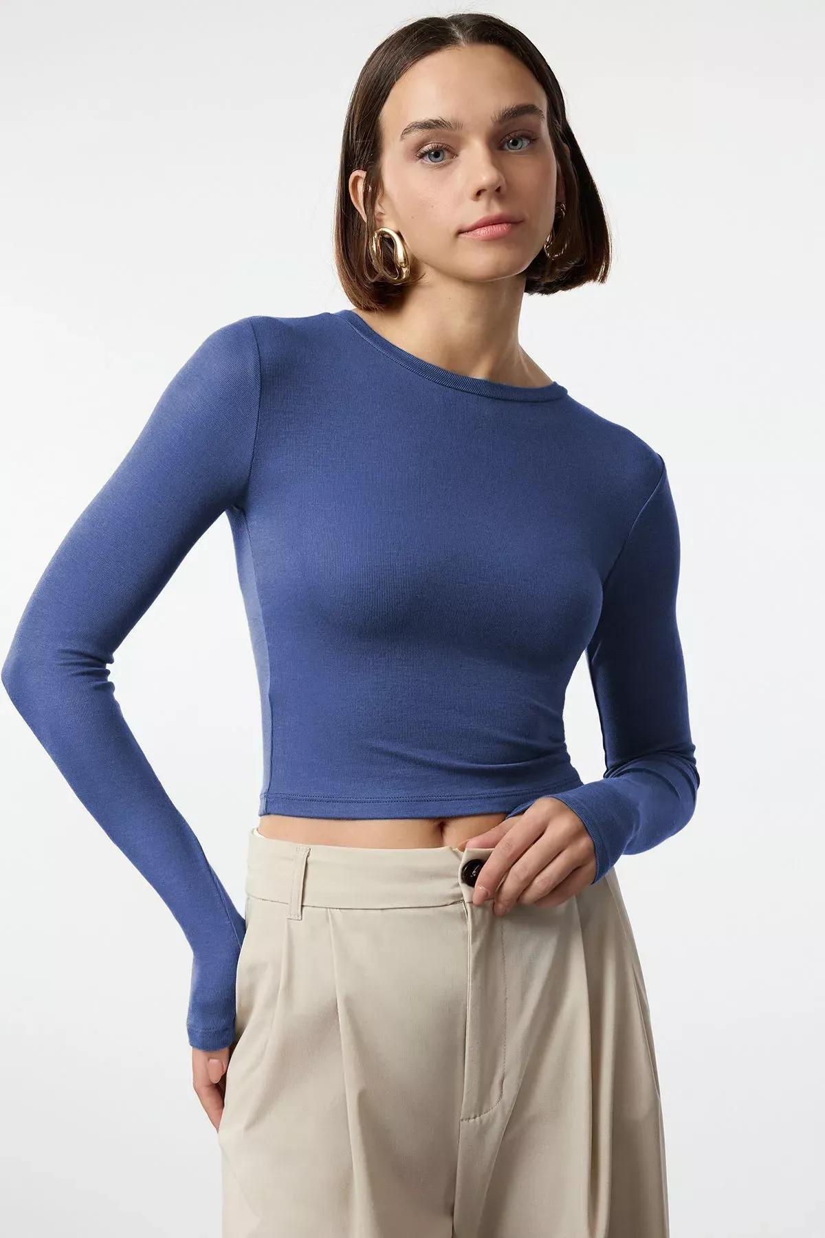 Blue Viscose Crop Knit Blouse, Indigo, large image number 0
