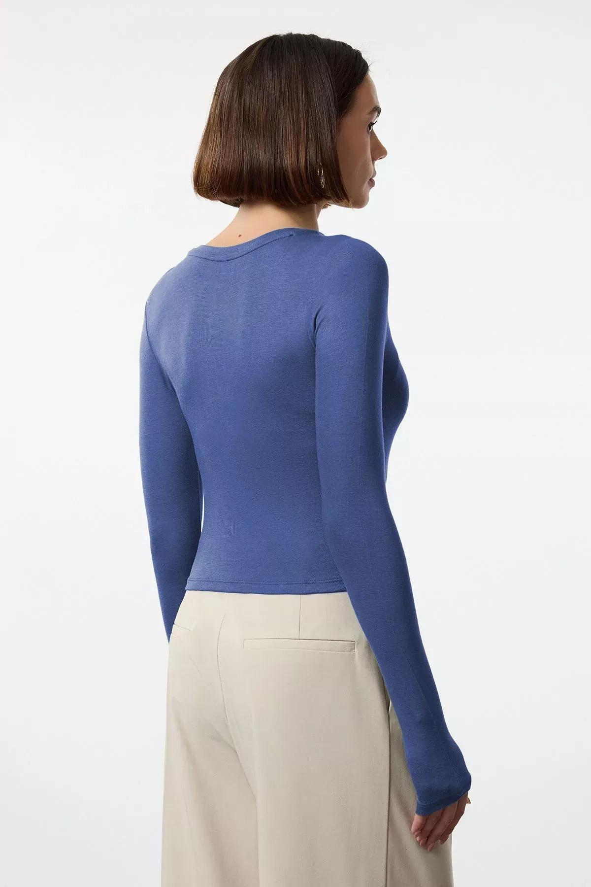 Blue Viscose Crop Knit Blouse, Indigo, large image number 2