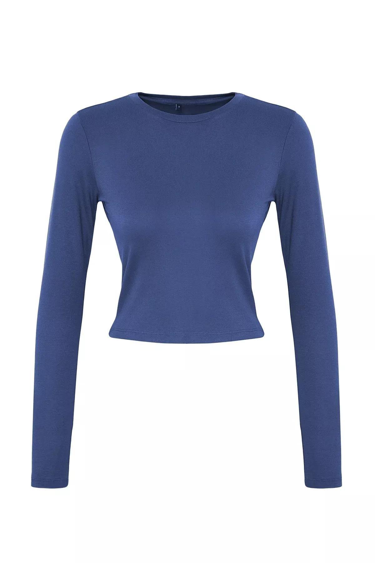 Blue Viscose Crop Knit Blouse, Indigo, large image number 3