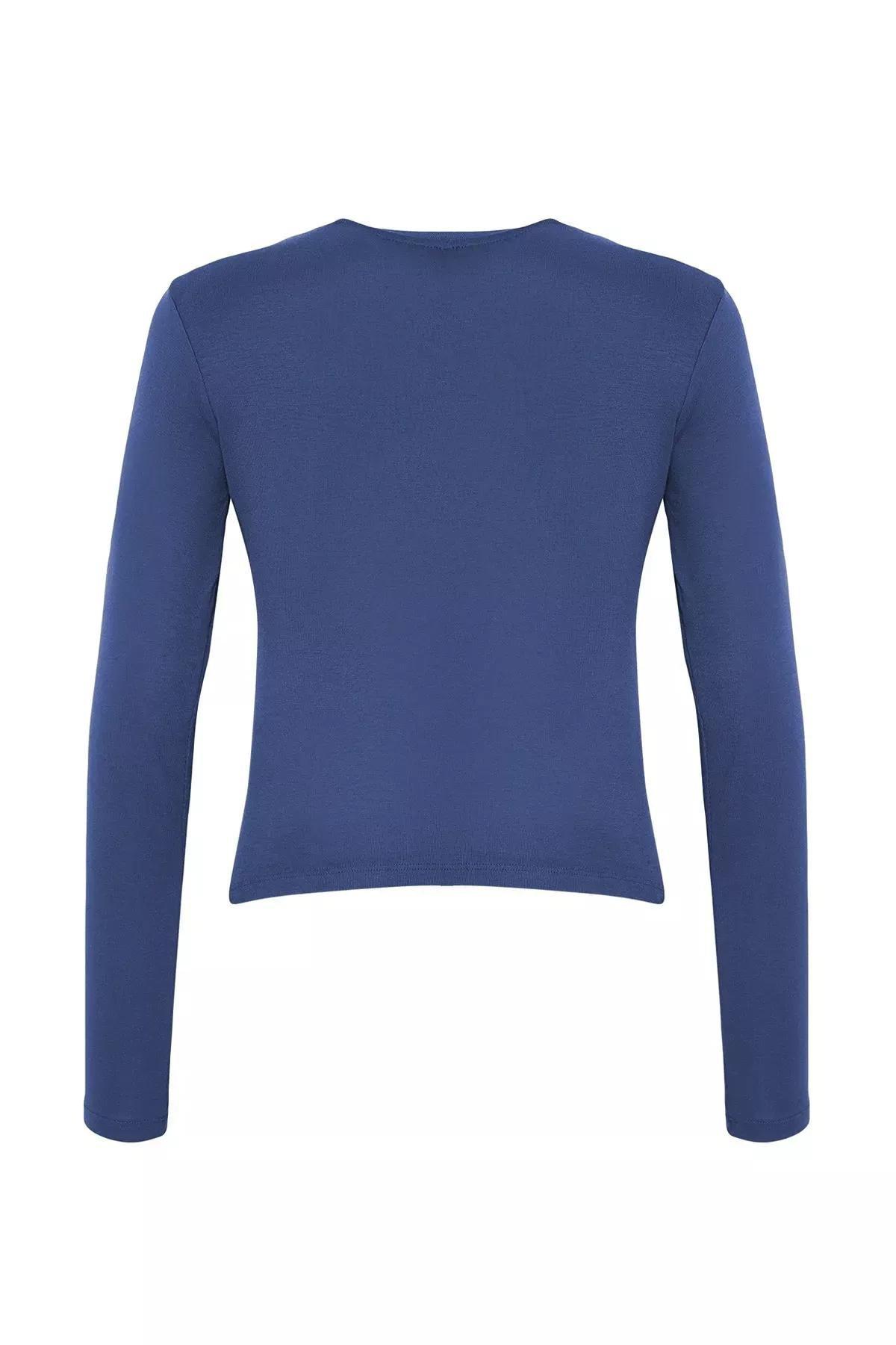 Blue Viscose Crop Knit Blouse, Indigo, large image number 4