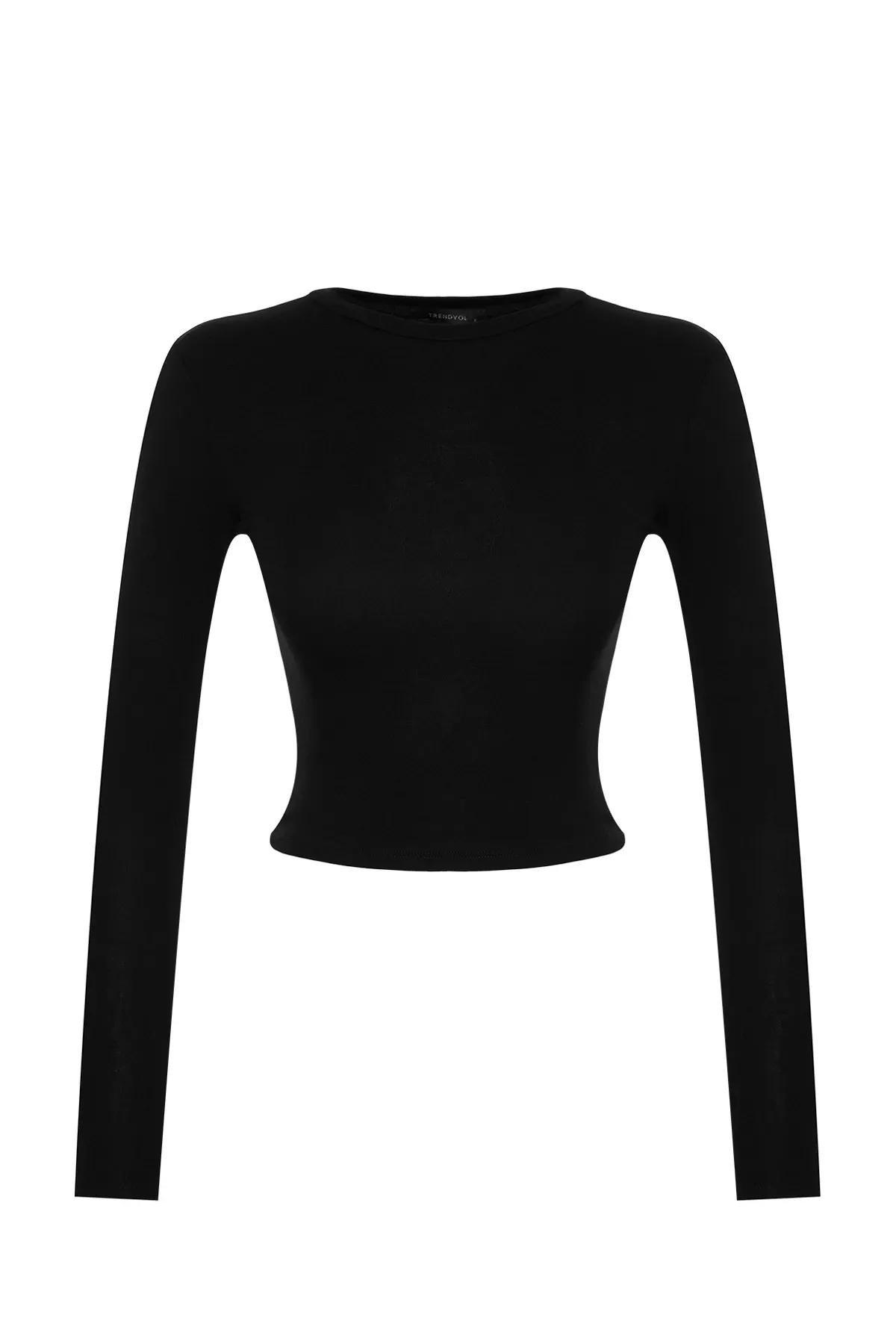 بلوزة قصيرة مُحاكة من نسيج مرن، أسود, BLACK, large image number 5